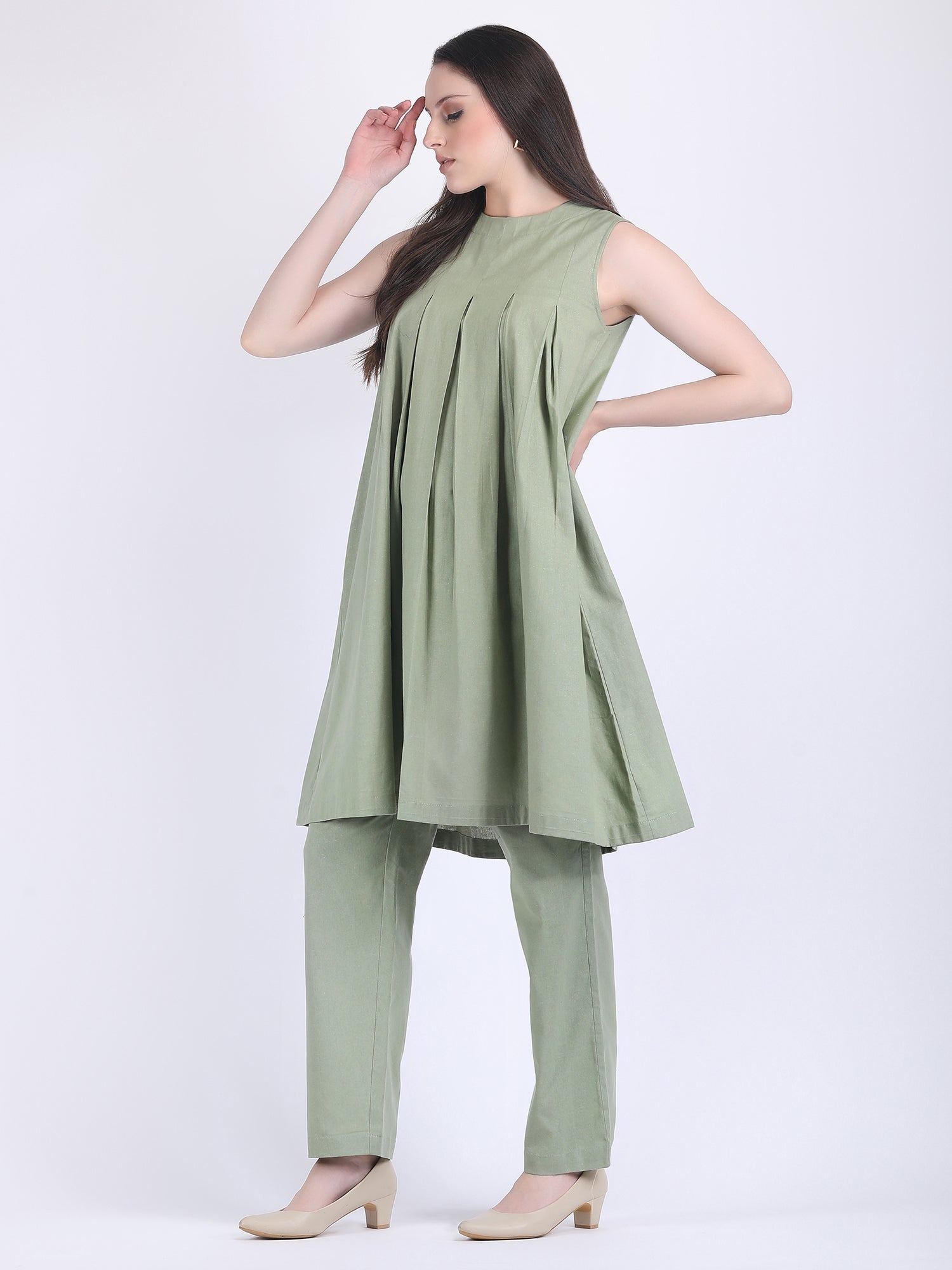 COTTON FLEX COMFORT WEAR BOX PLEATED DRESS CUM KURTA SET WITH STRAIGHT PANTS IN MINERAL GREEN