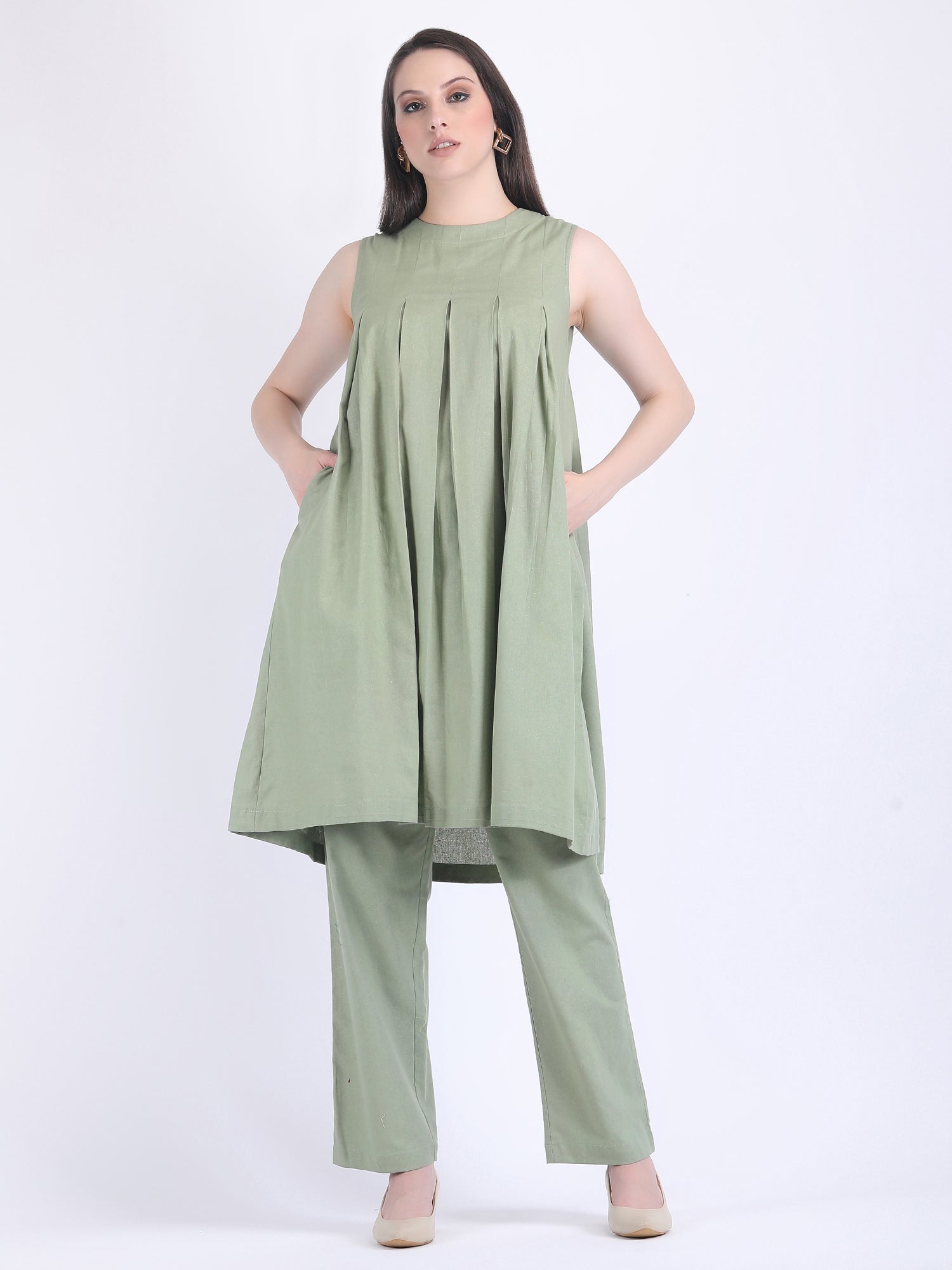COTTON FLEX COMFORT WEAR BOX PLEATED DRESS CUM KURTA SET WITH STRAIGHT PANTS IN MINERAL GREEN