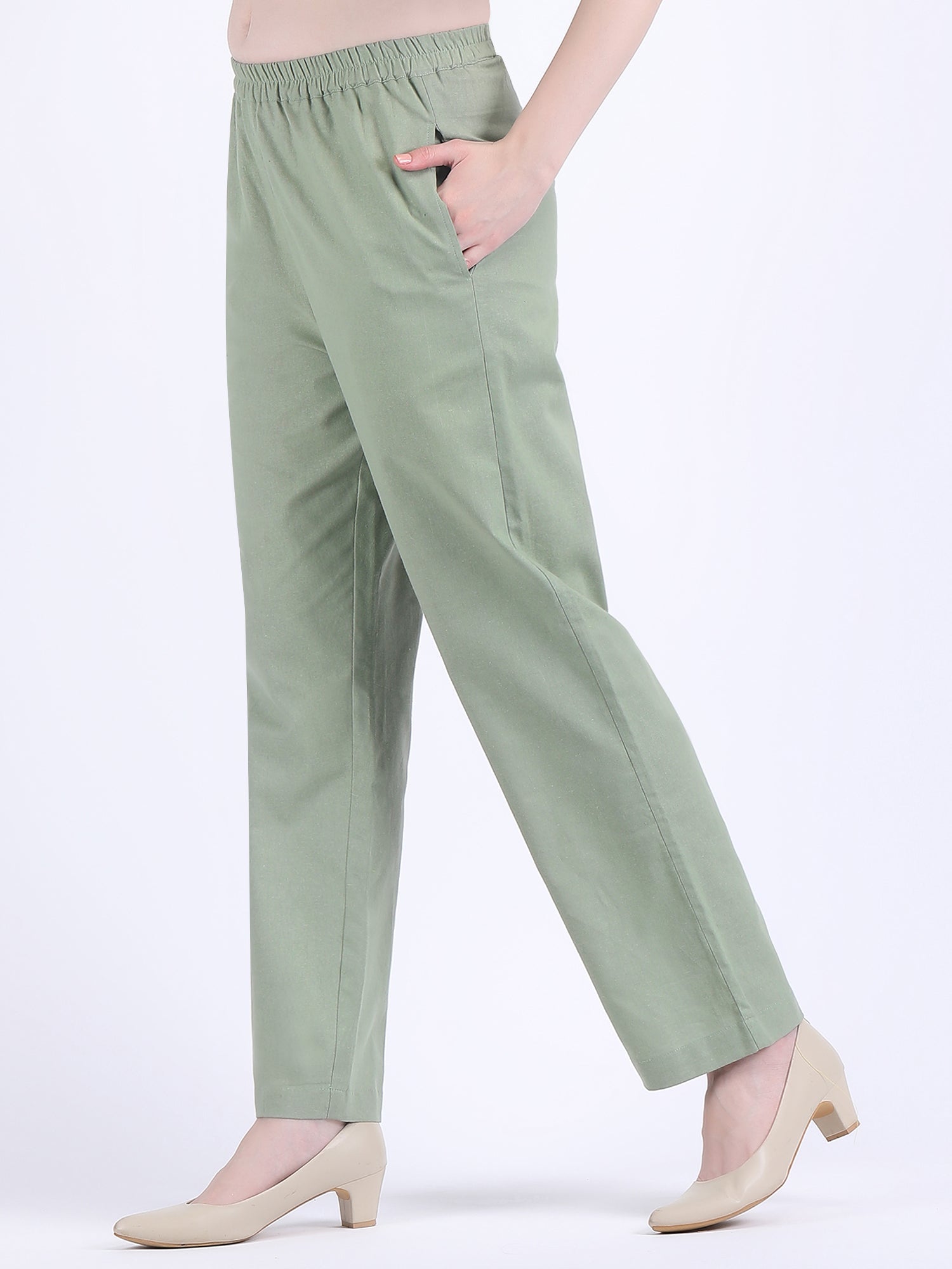 COTTON FLEX COMFORT WEAR BOX PLEATED DRESS CUM KURTA SET WITH STRAIGHT PANTS IN MINERAL GREEN