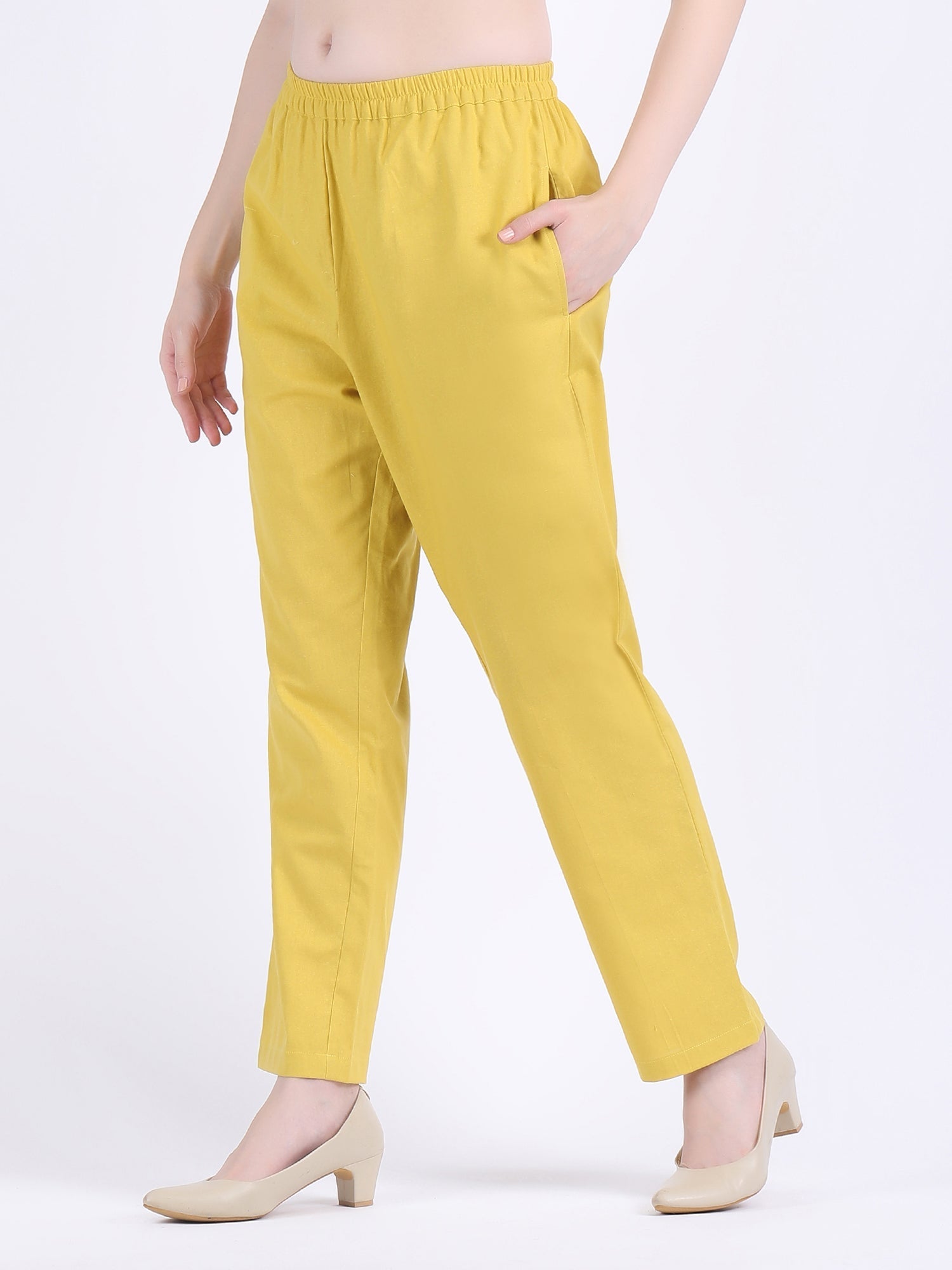 COTTON FLEX COMFORT WEAR BOX PLEATED DRESS CUM KURTA SET WITH STRAIGHT PANTS IN LEMON CURRY