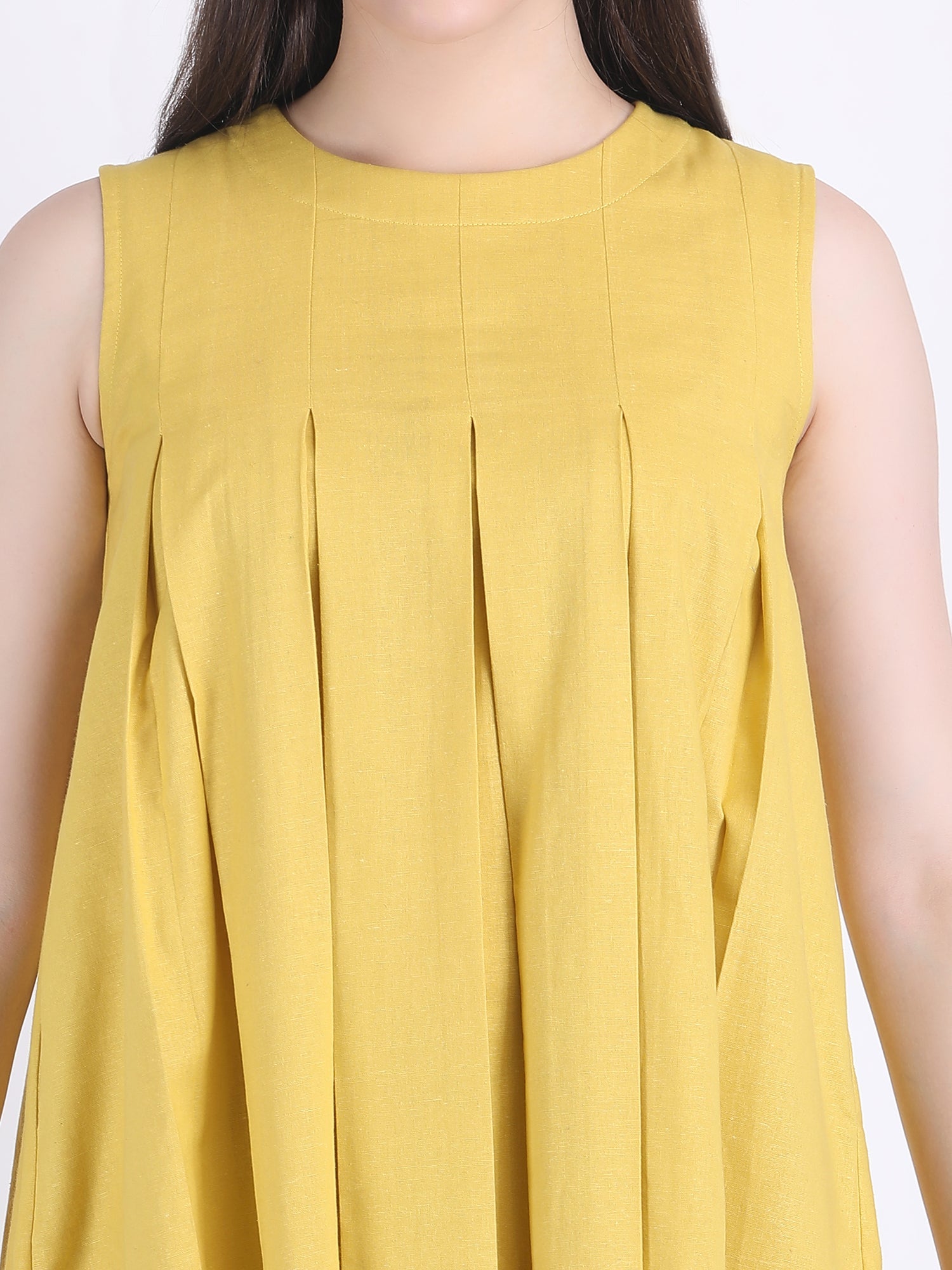 COTTON FLEX COMFORT WEAR BOX PLEATED DRESS CUM KURTA SET WITH STRAIGHT PANTS IN LEMON CURRY