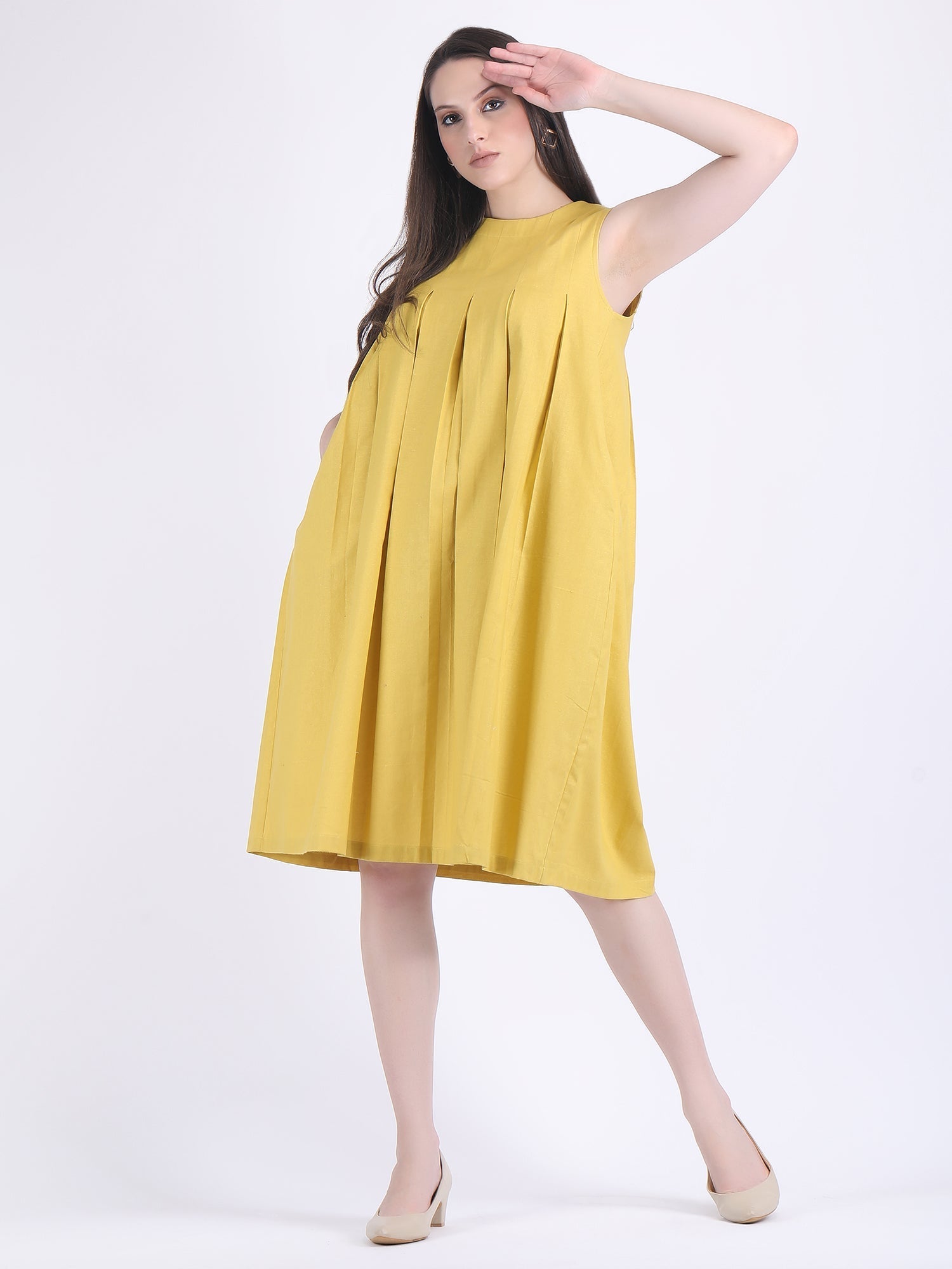 COTTON FLEX COMFORT WEAR BOX PLEATED DRESS CUM KURTA SET WITH STRAIGHT PANTS IN LEMON CURRY