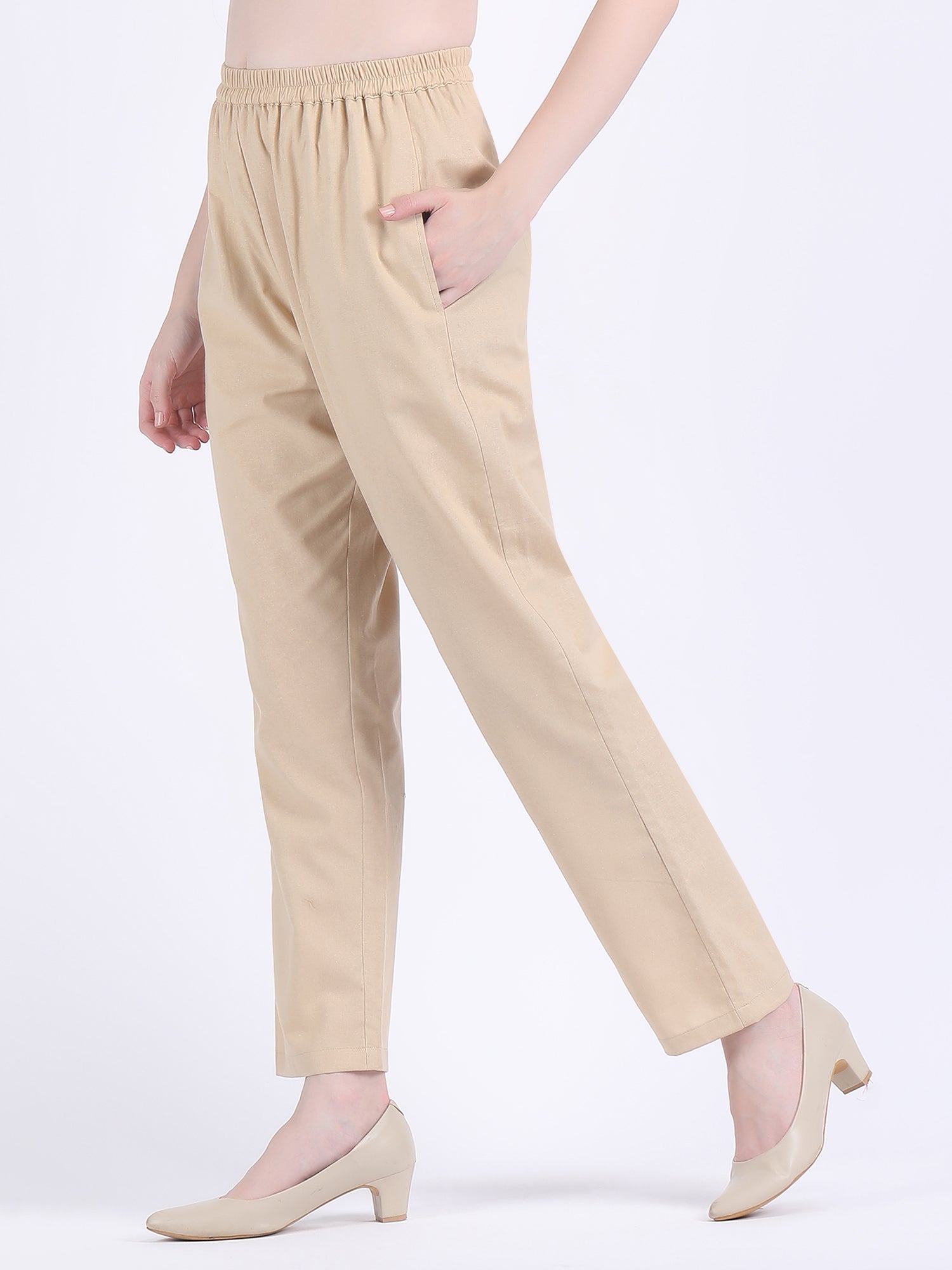 COTTON FLEX COMFORT WEAR BOX PLEATED DRESS CUM KURTA SET WITH STRAIGHT PANTS IN LIGHT FAWN