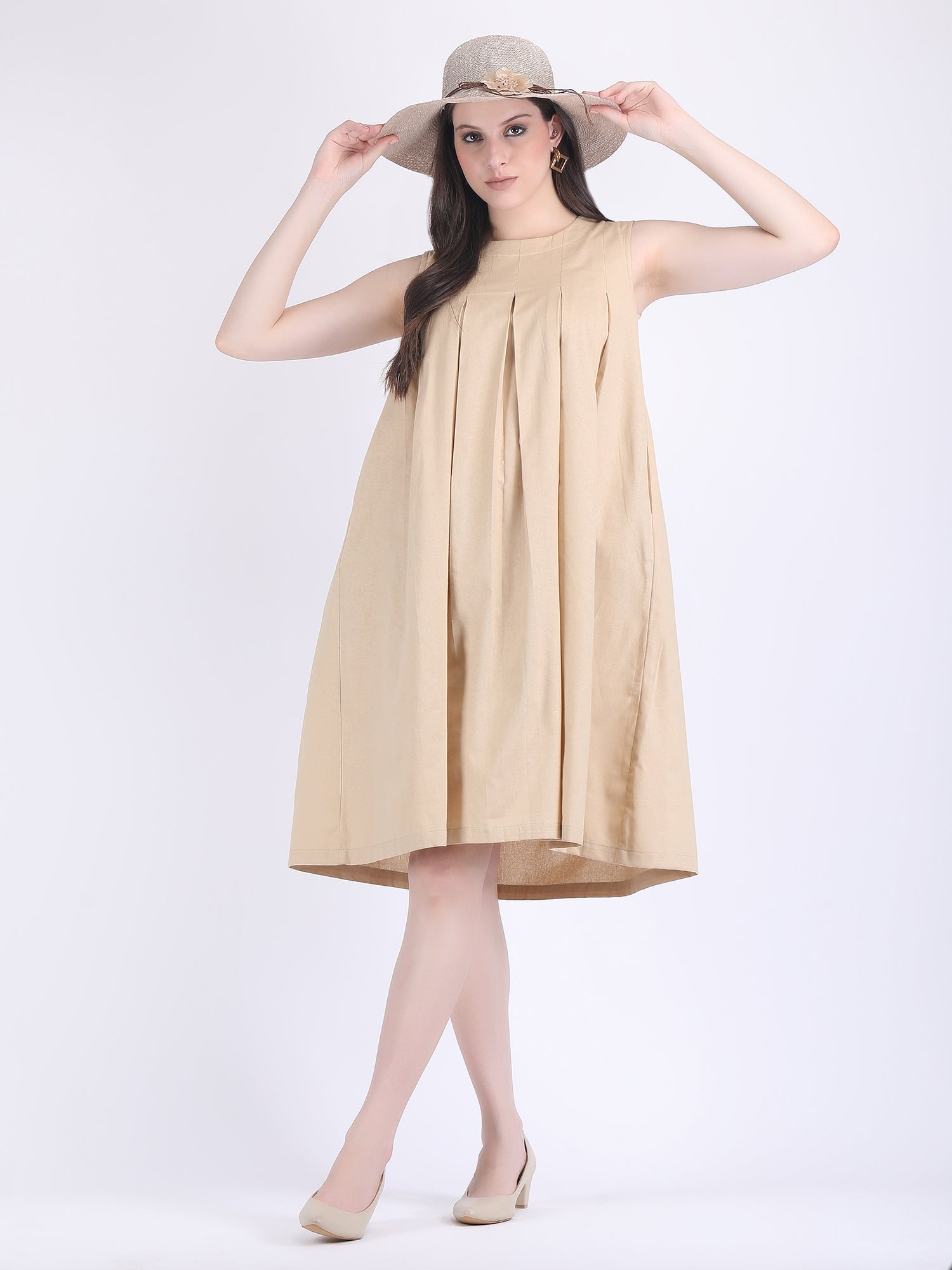 COTTON FLEX COMFORT WEAR BOX PLEATED DRESS CUM KURTA SET WITH STRAIGHT PANTS IN LIGHT FAWN