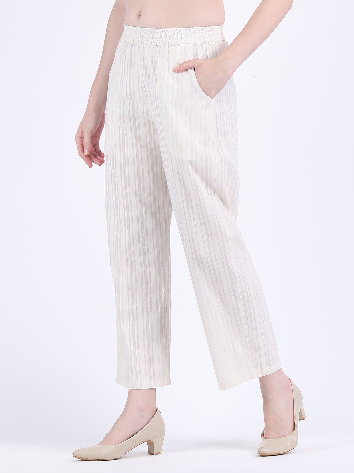 COTTON SELF STRIPED A LINE KURTA SET SEED PEARL