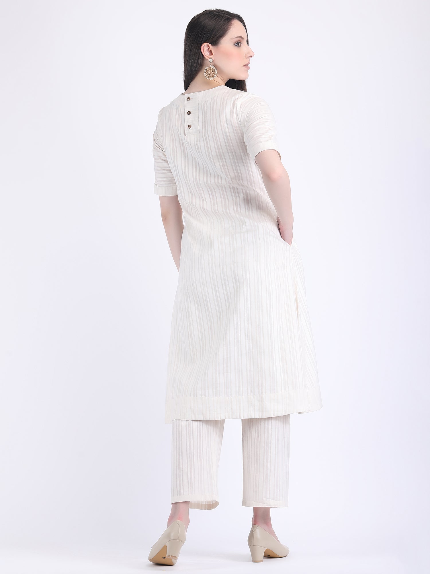 COTTON SELF STRIPED A LINE KURTA SET SEED PEARL
