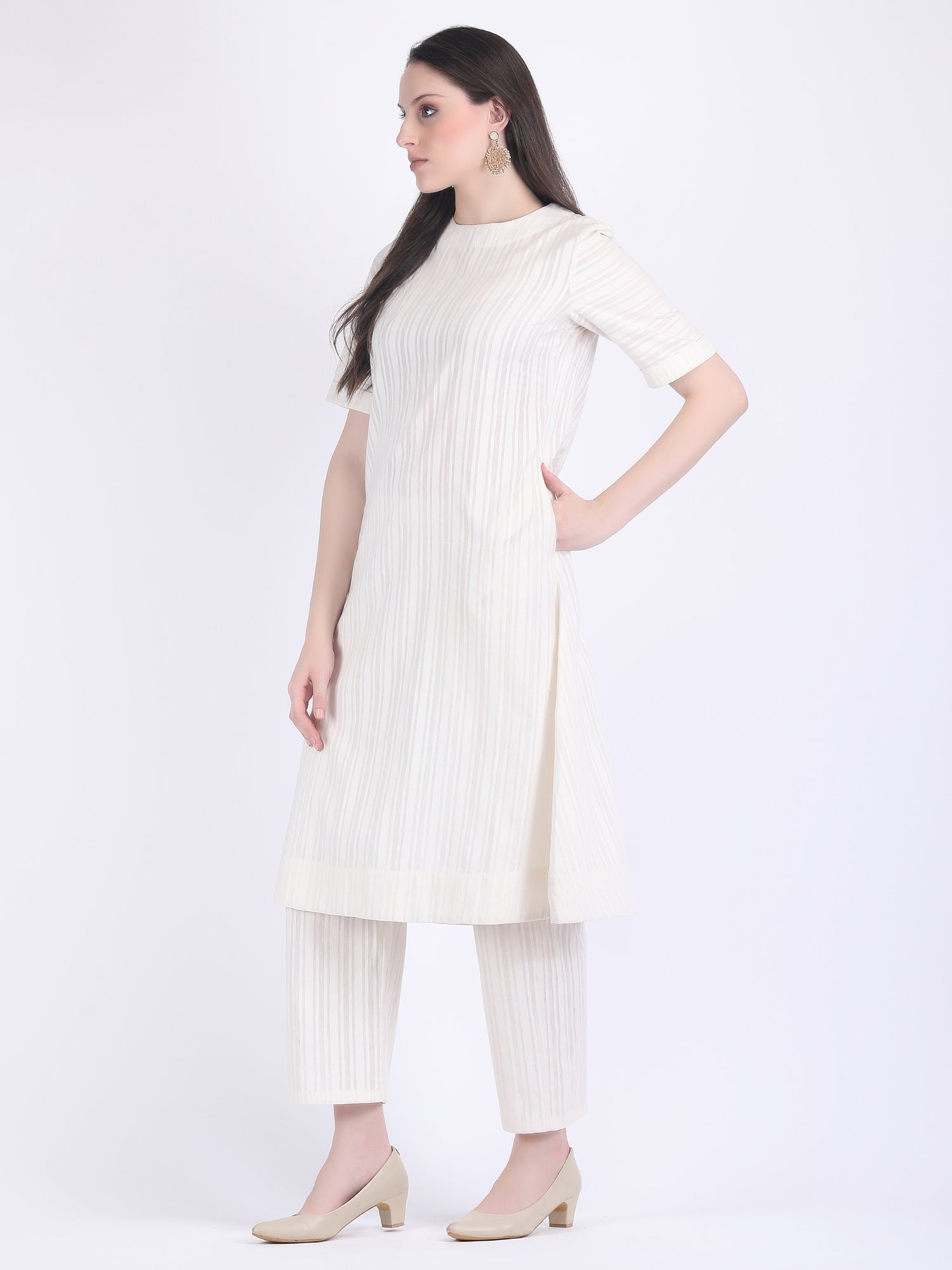 COTTON SELF STRIPED A LINE KURTA SET SEED PEARL