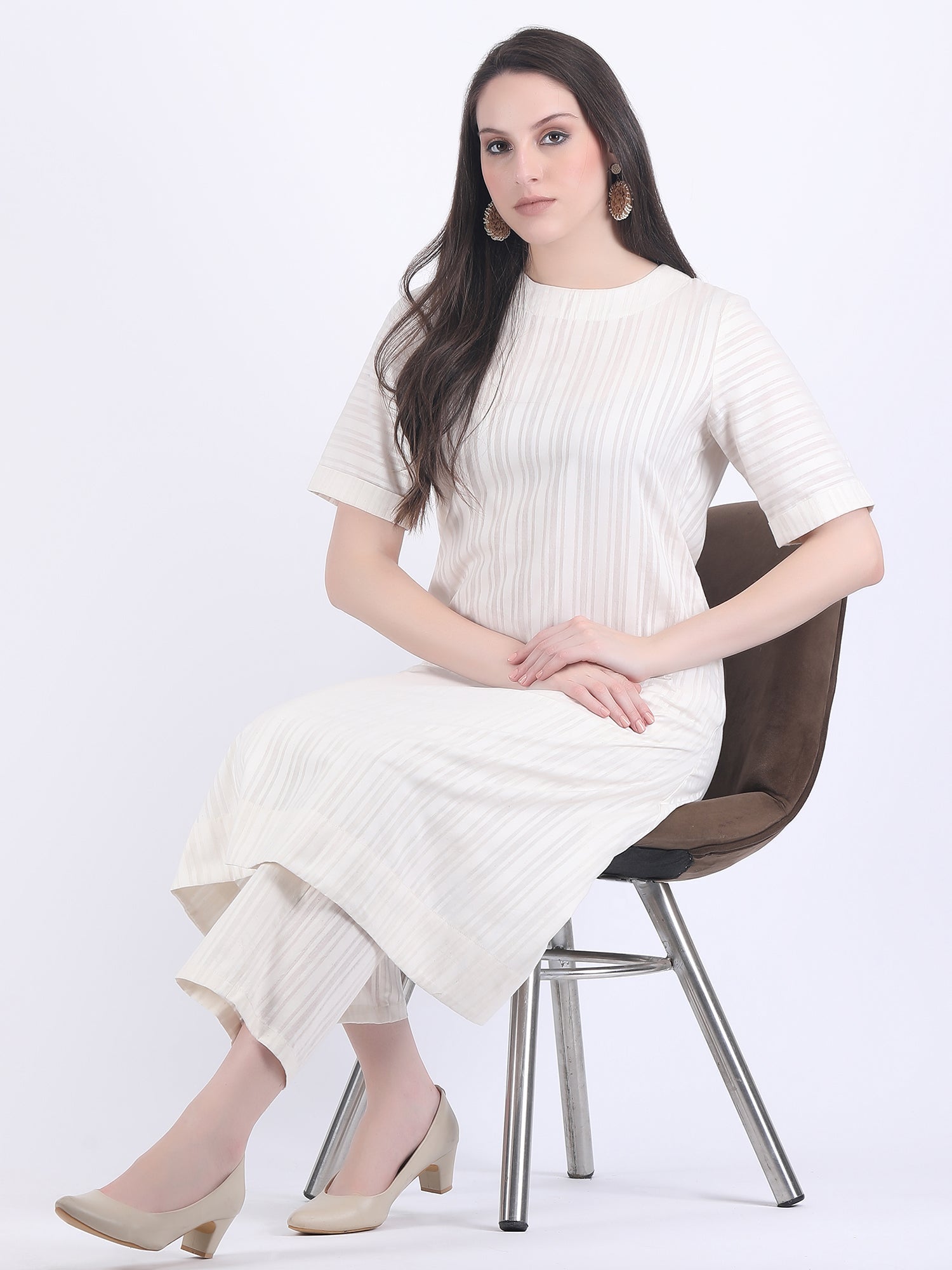 COTTON SELF STRIPED A LINE KURTA SET SEED PEARL