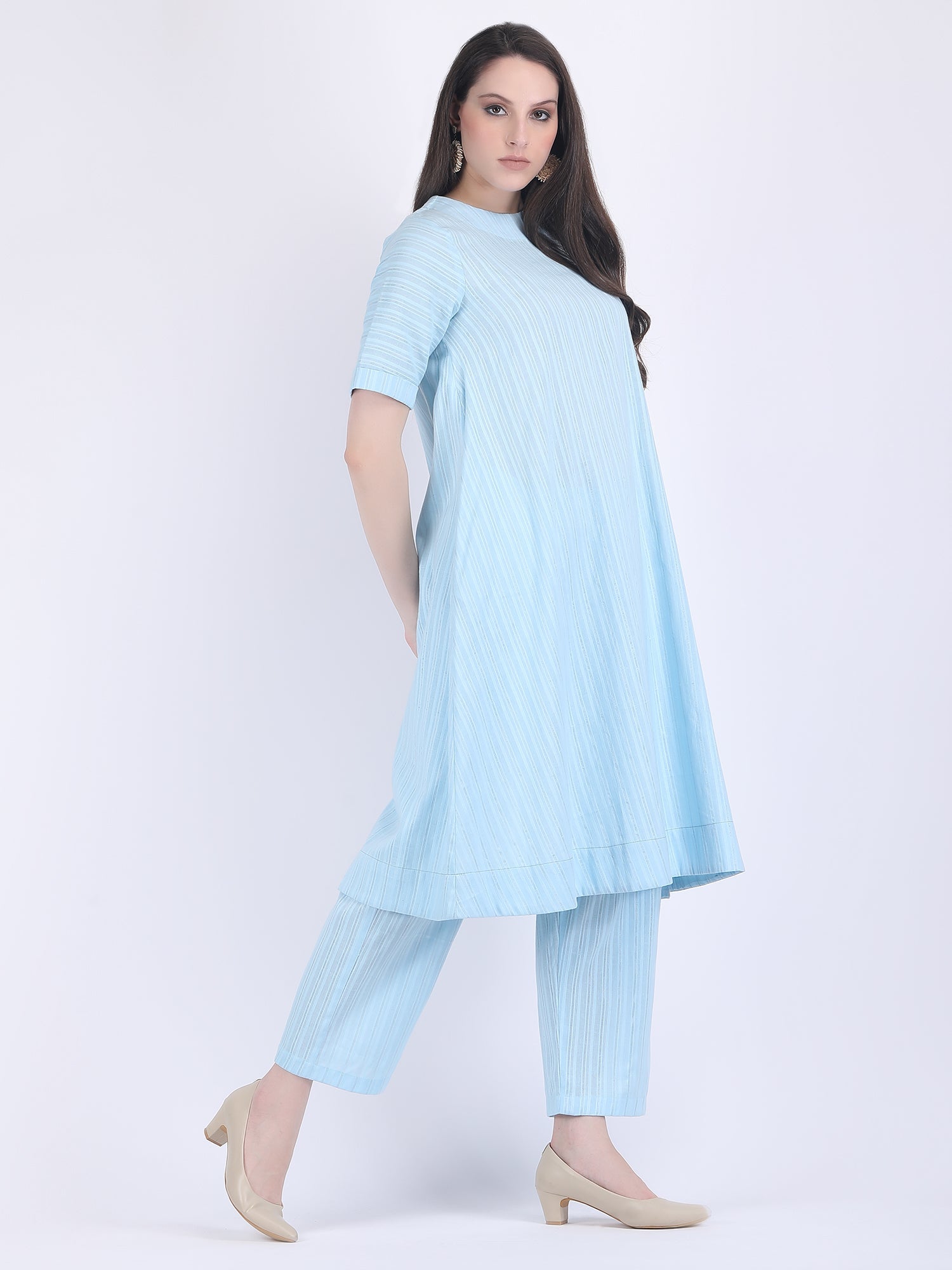 COTTON SELF STRIPED A LINE KURTA SET SILVER BLUE