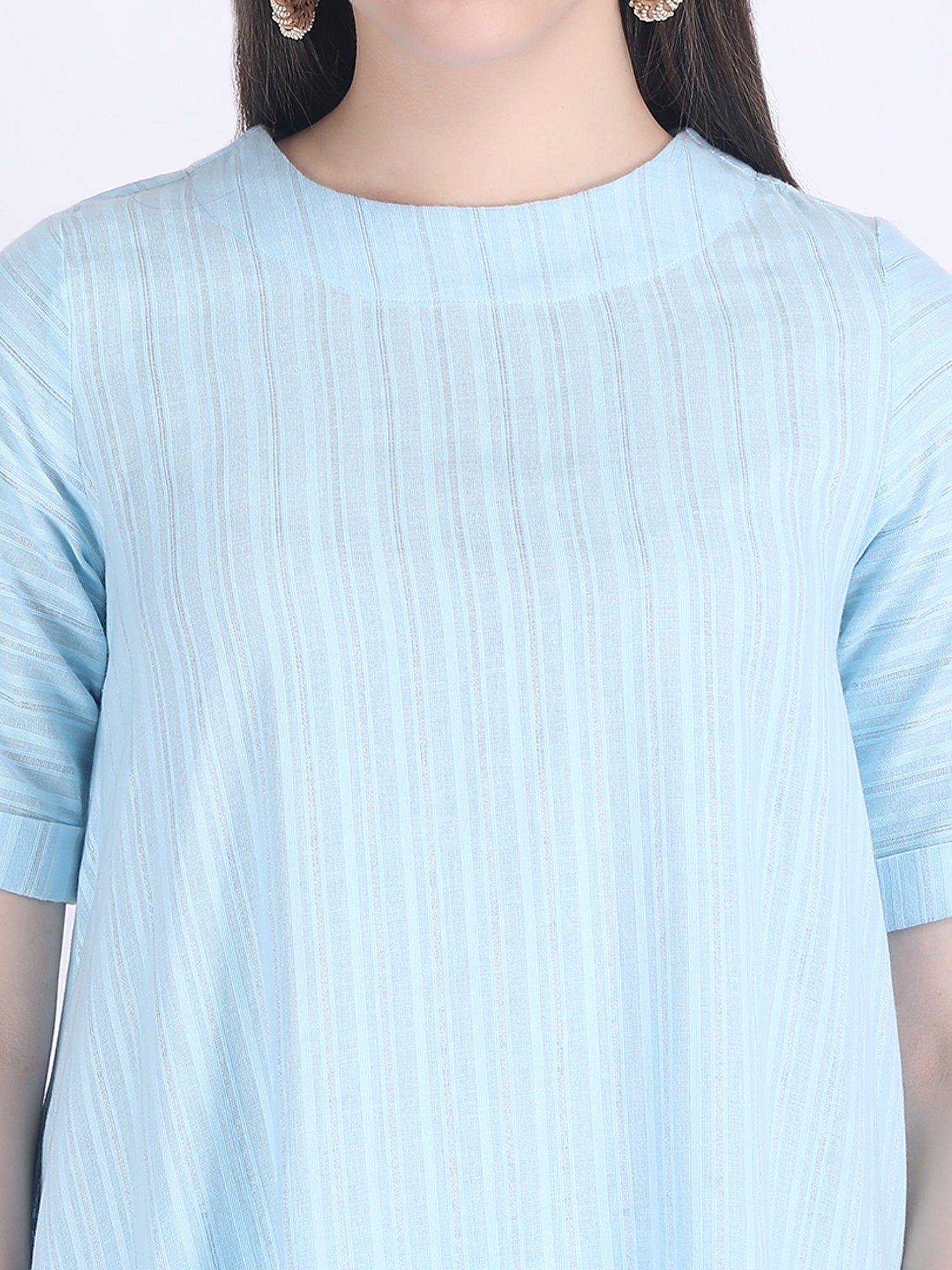 COTTON SELF STRIPED A LINE KURTA SET SILVER BLUE