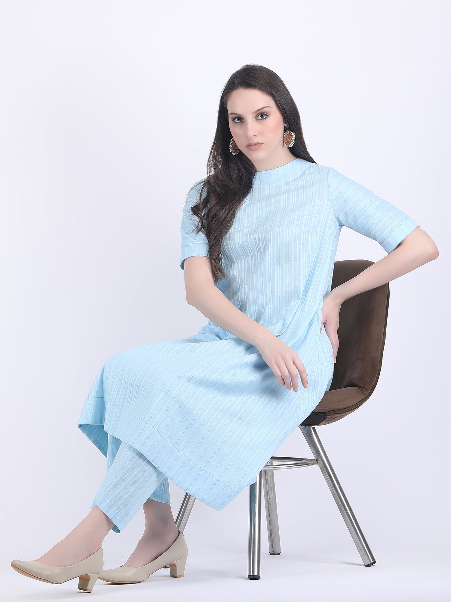 COTTON SELF STRIPED A LINE KURTA SET SILVER BLUE