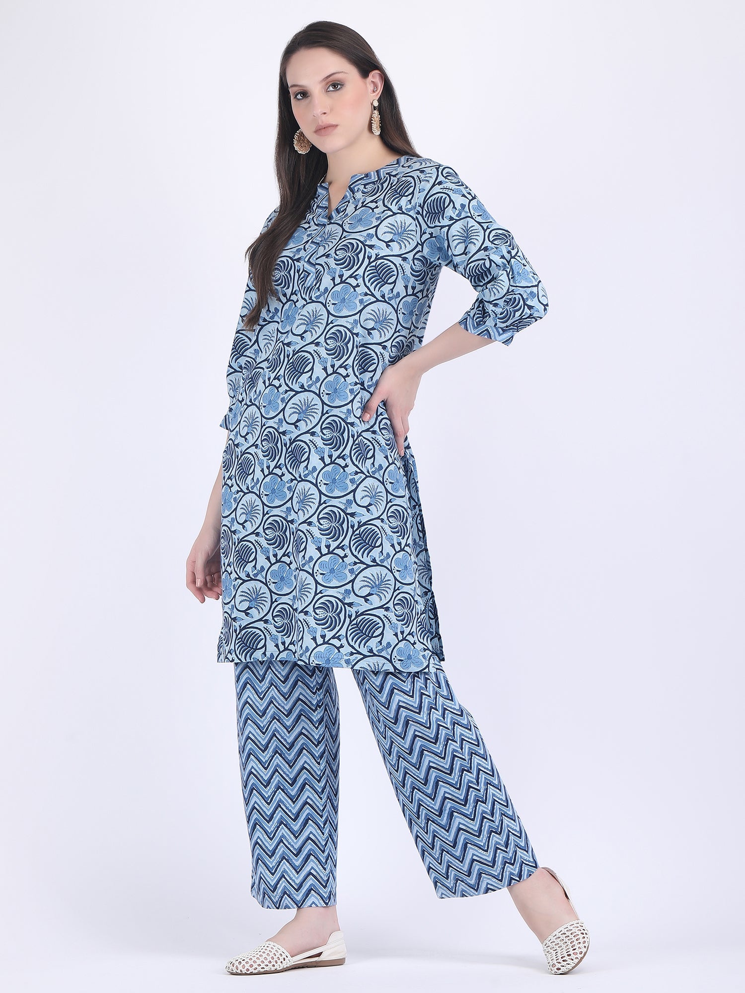 COTTON SANGANERI PRINT COMFORT WEAR SET IN INDIGO BLUE
