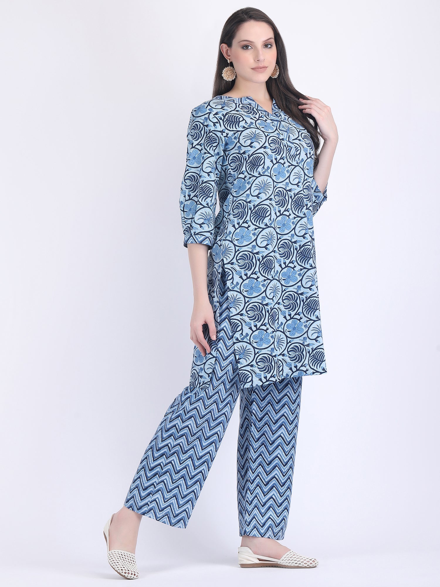 COTTON SANGANERI PRINT COMFORT WEAR SET IN INDIGO BLUE