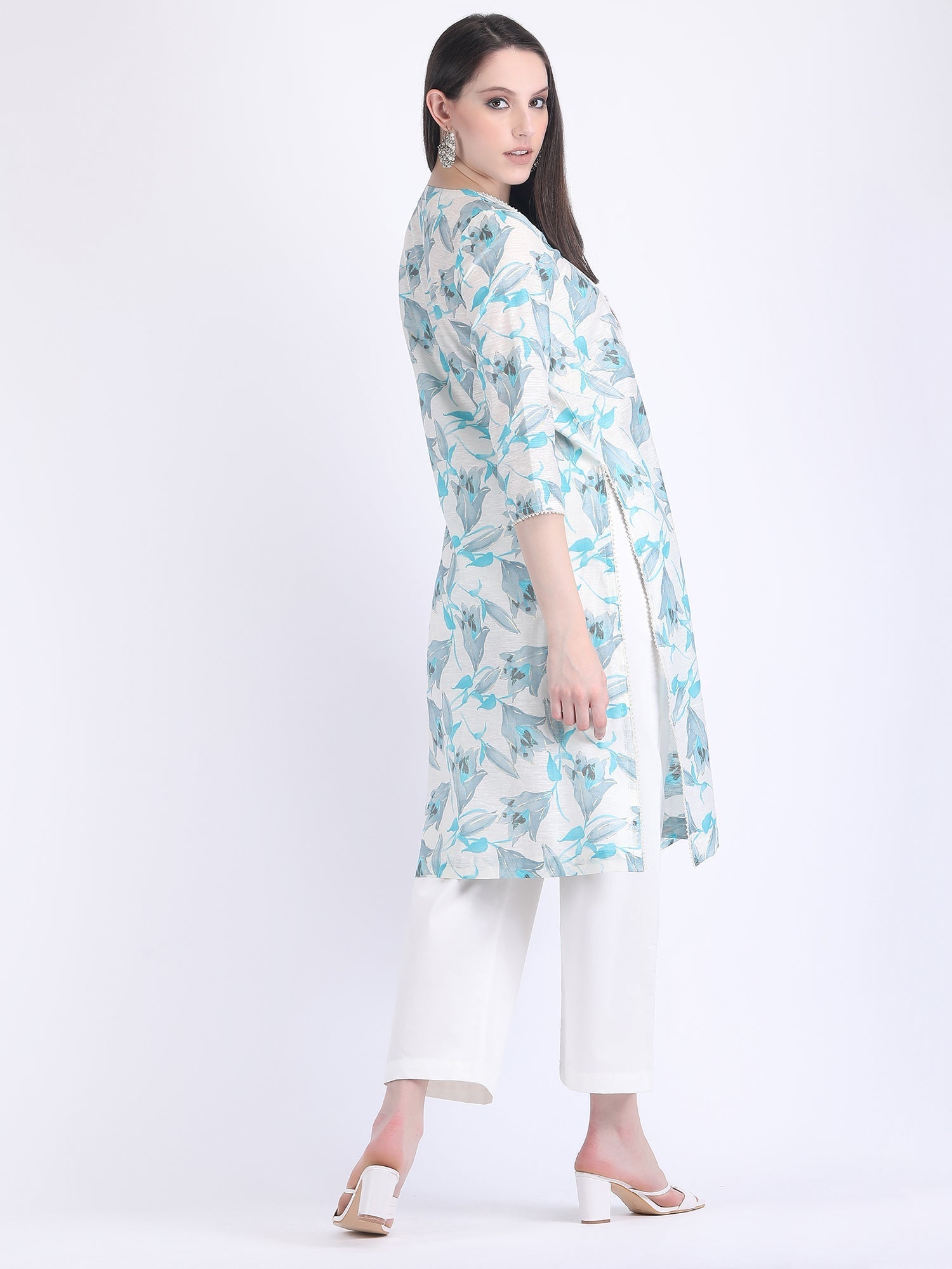 COTTON CHANDERI COMFORT WEAR KURTA SET WITH PEARL LACE TULIP BLUE