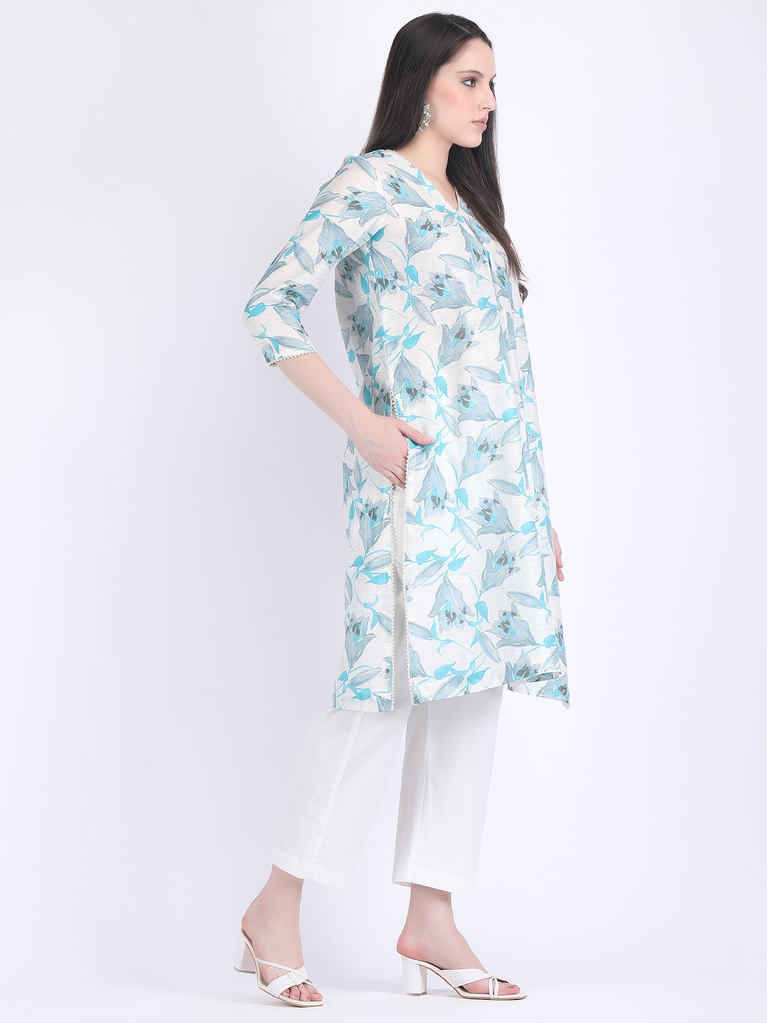 COTTON CHANDERI COMFORT WEAR KURTA SET WITH PEARL LACE TULIP BLUE