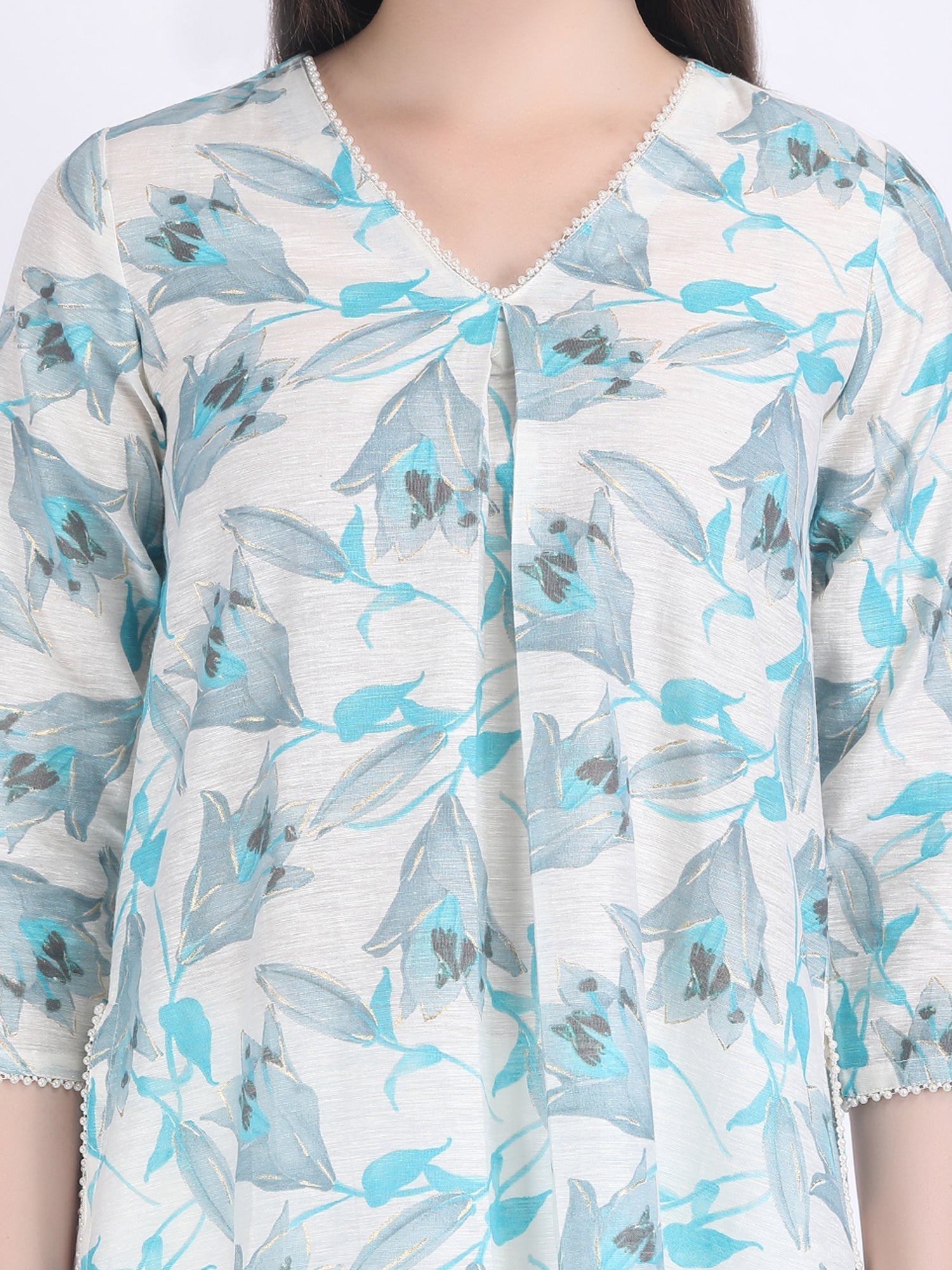 COTTON CHANDERI COMFORT WEAR KURTA SET WITH PEARL LACE TULIP BLUE