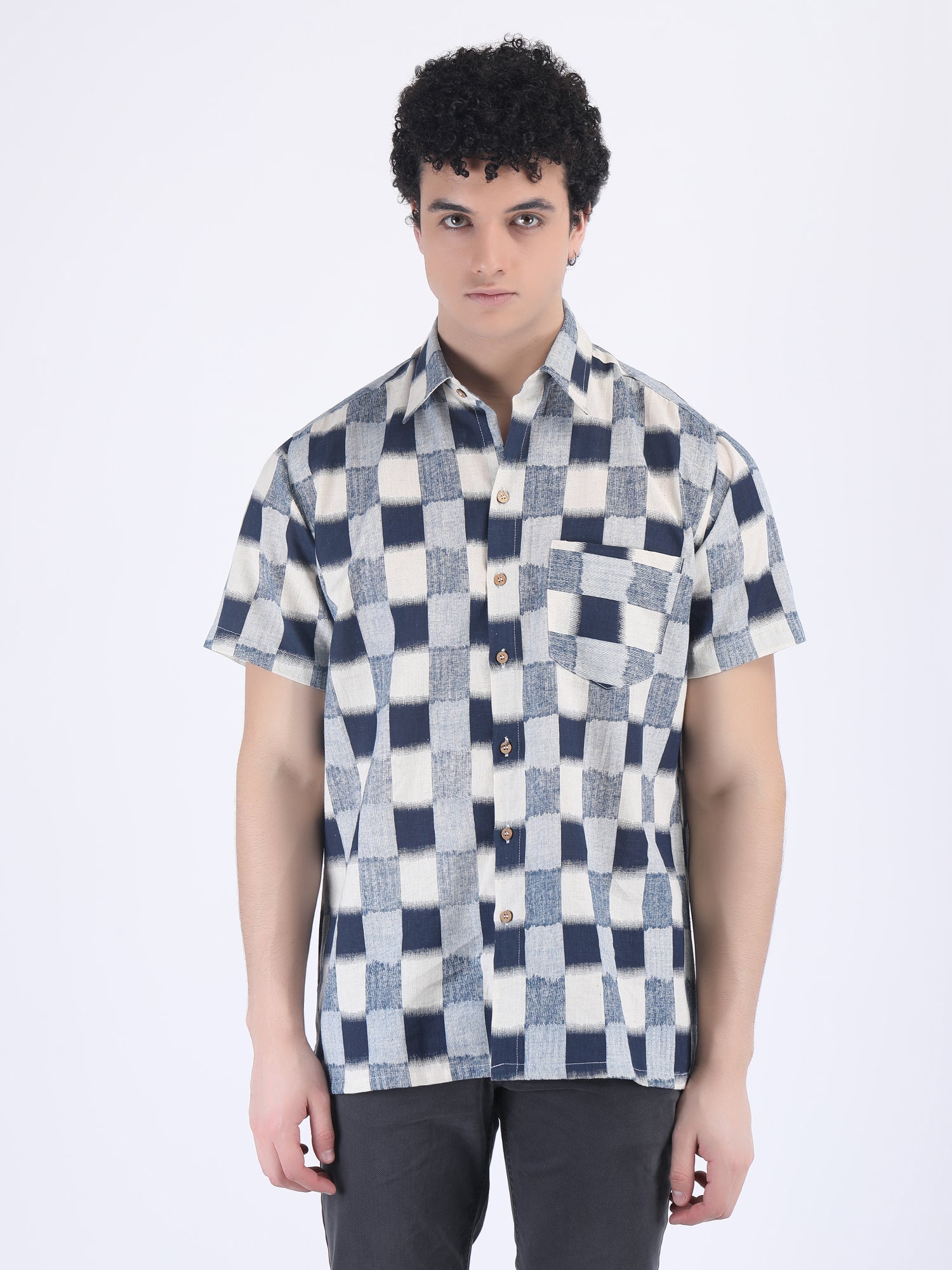 COTTON FLEX CHECK SUMMER SHIRT IN NAVY