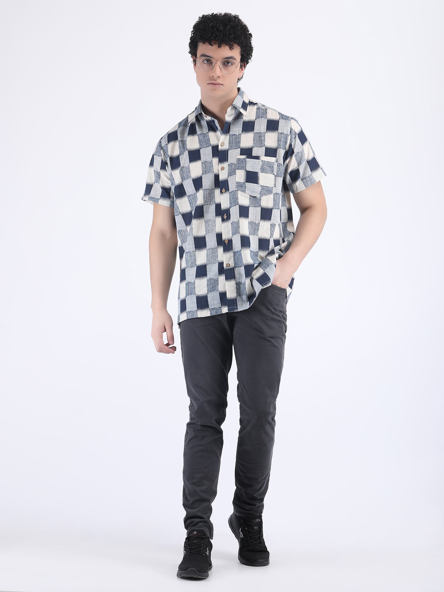 COTTON FLEX CHECK SUMMER SHIRT IN NAVY