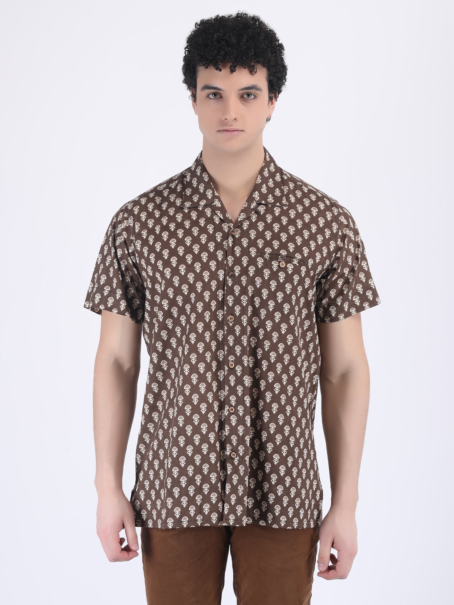 COTTON BLOCK PRINT SUMMER SHIRT IN TIRAMISU