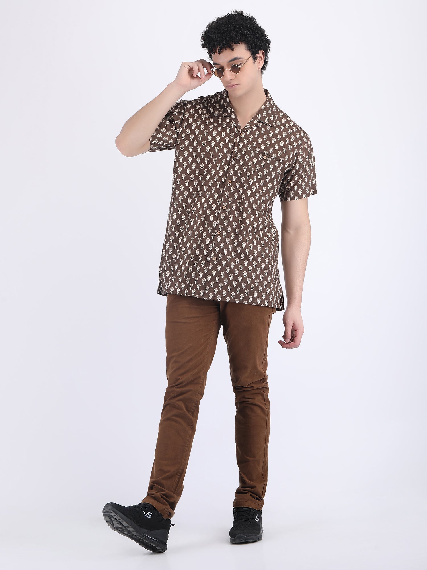 COTTON BLOCK PRINT SUMMER SHIRT IN TIRAMISU