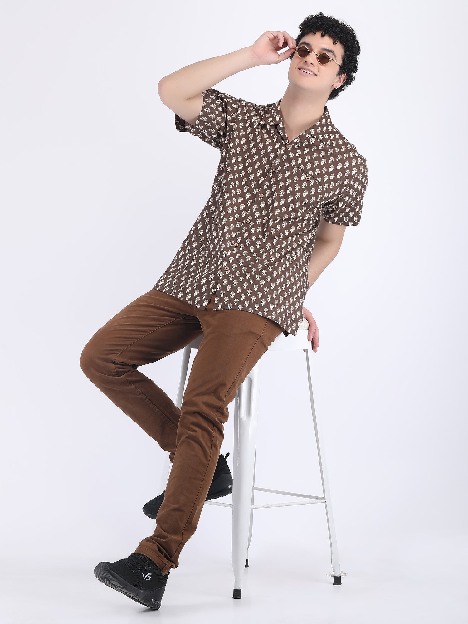 COTTON BLOCK PRINT SUMMER SHIRT IN TIRAMISU