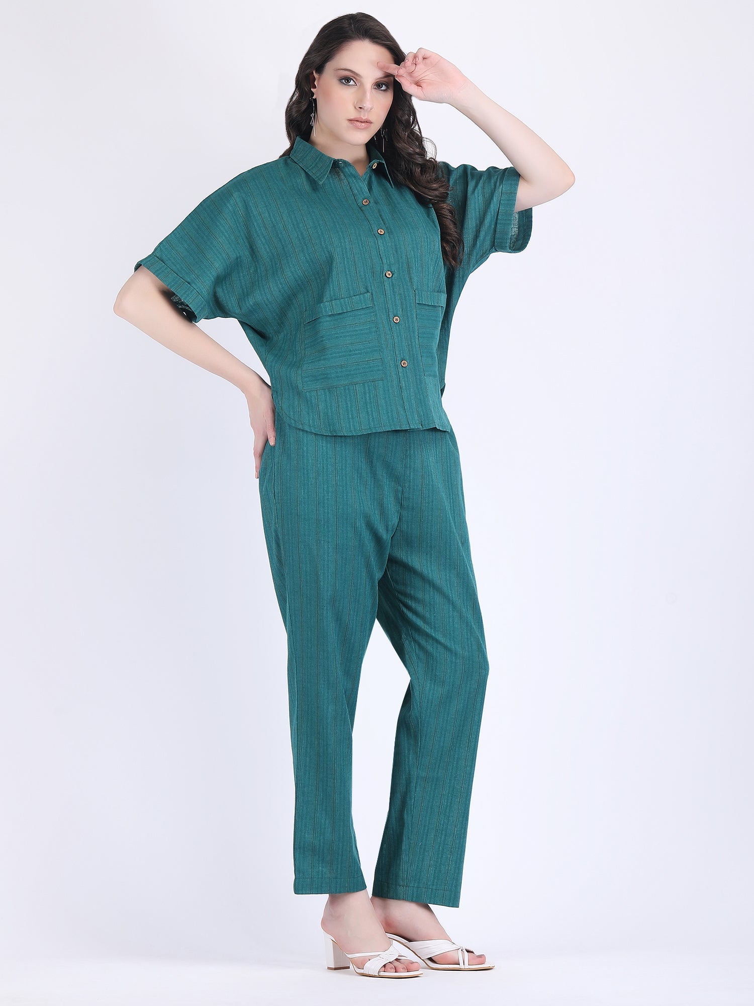 COTTON FLEX SELF STRIPED COORD SET ALPINE GREEN