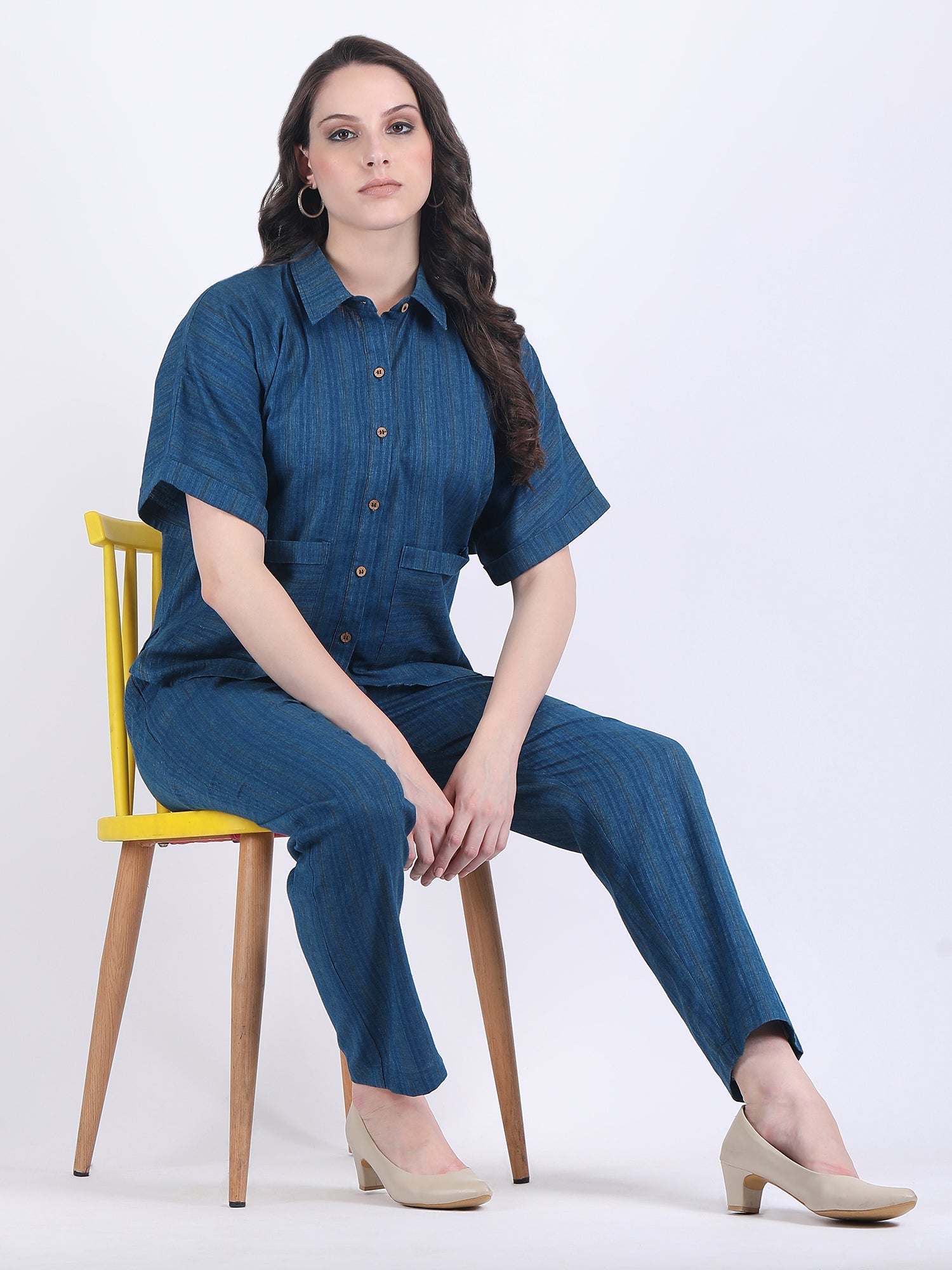 COTTON FLEX SELF STRIPED COORD SET NAVY