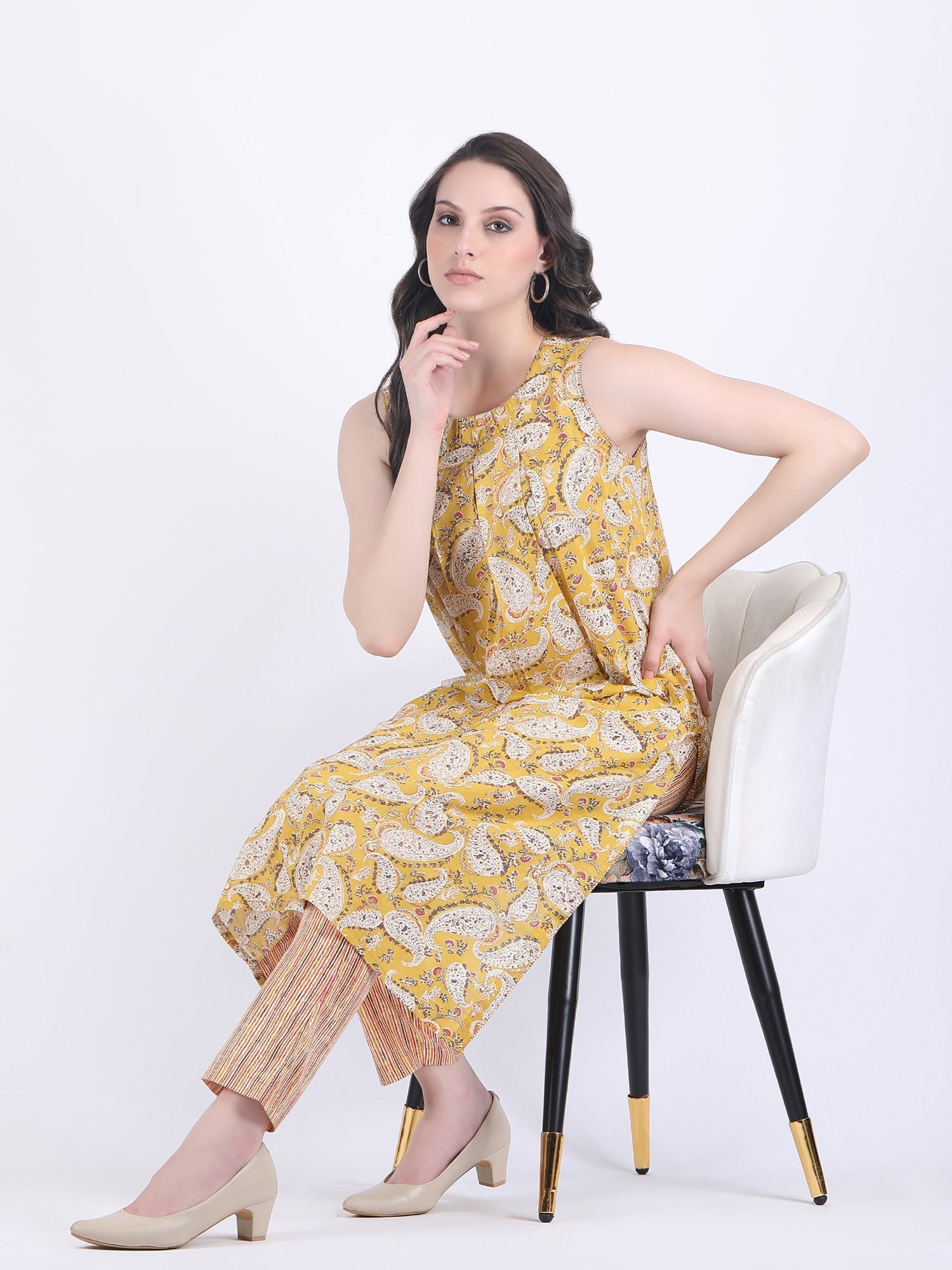 COTTON PAISLEY PRINT BOX PLEATS KURTA WITH PENCIL PANTS MUSTARD