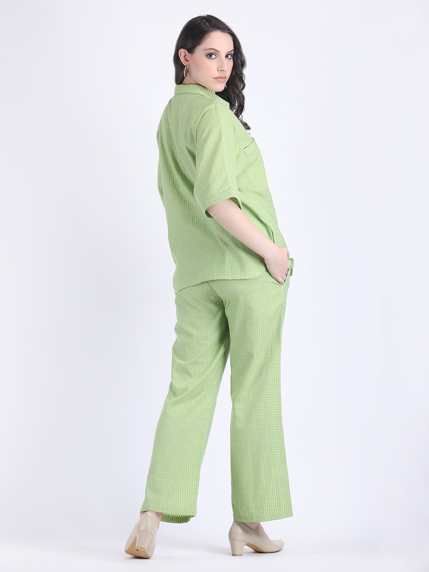 COTTON CHECK COLLARED CHEST POCKETS COORD SET DIVA GREEN