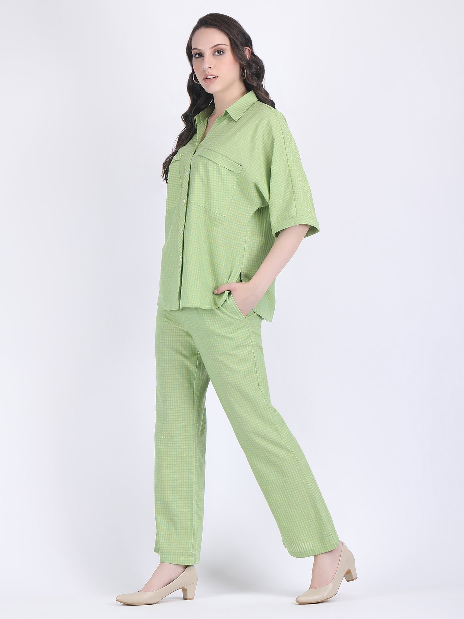 COTTON CHECK COLLARED CHEST POCKETS COORD SET DIVA GREEN
