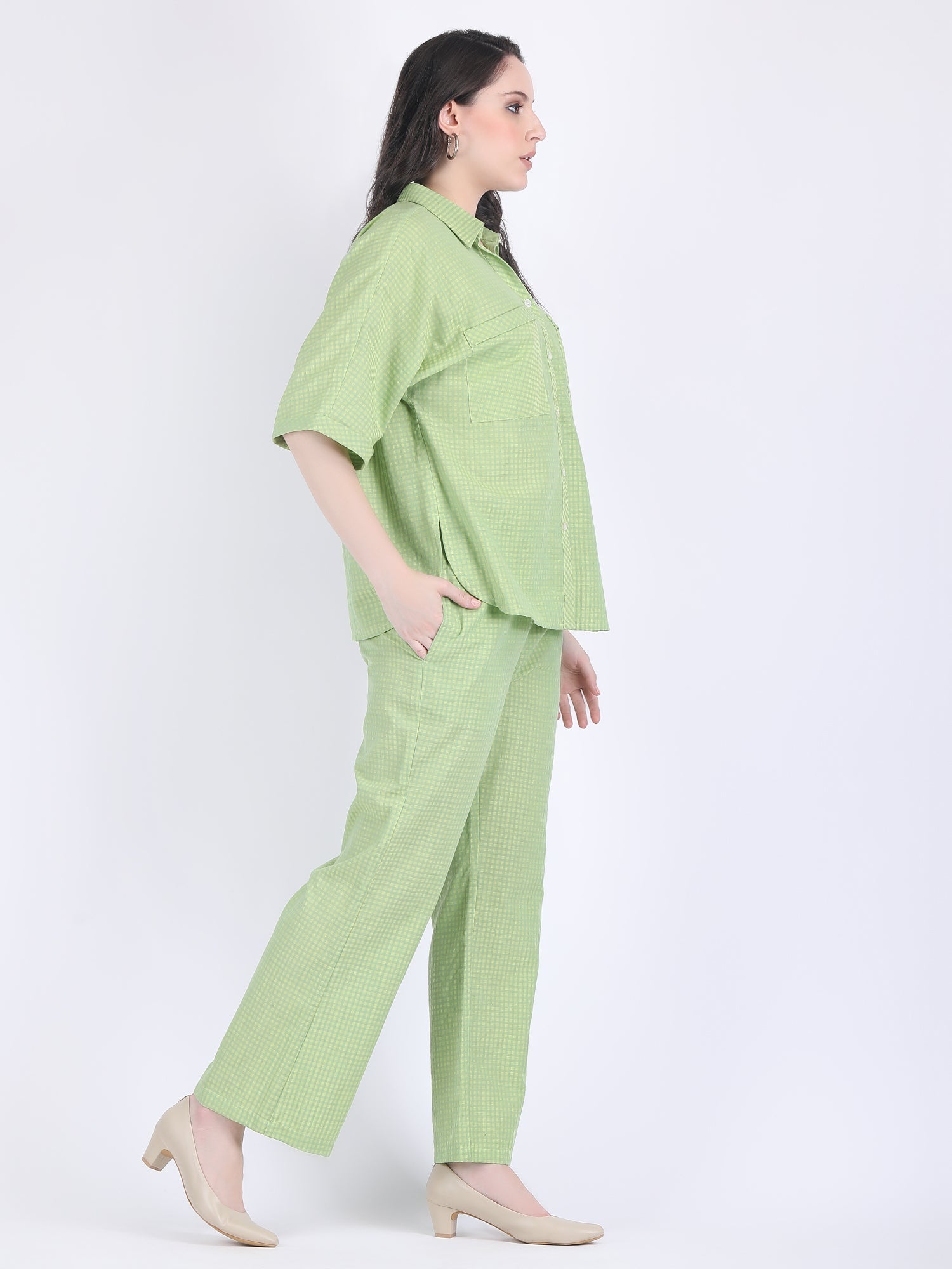 COTTON CHECK COLLARED CHEST POCKETS COORD SET DIVA GREEN