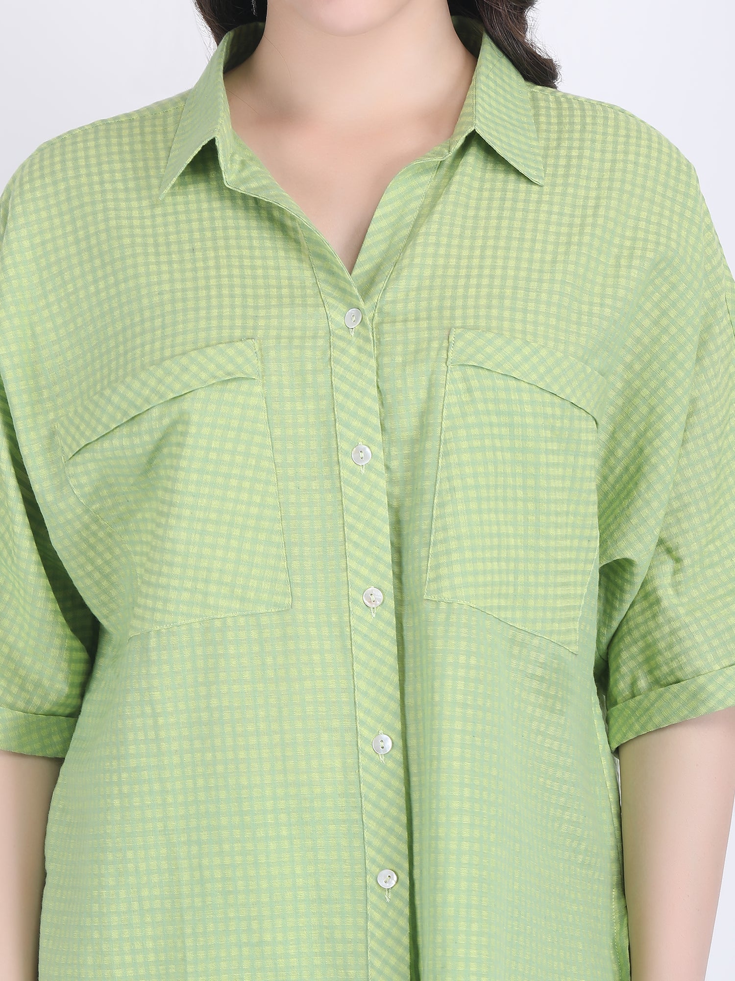 COTTON CHECK COLLARED CHEST POCKETS COORD SET DIVA GREEN