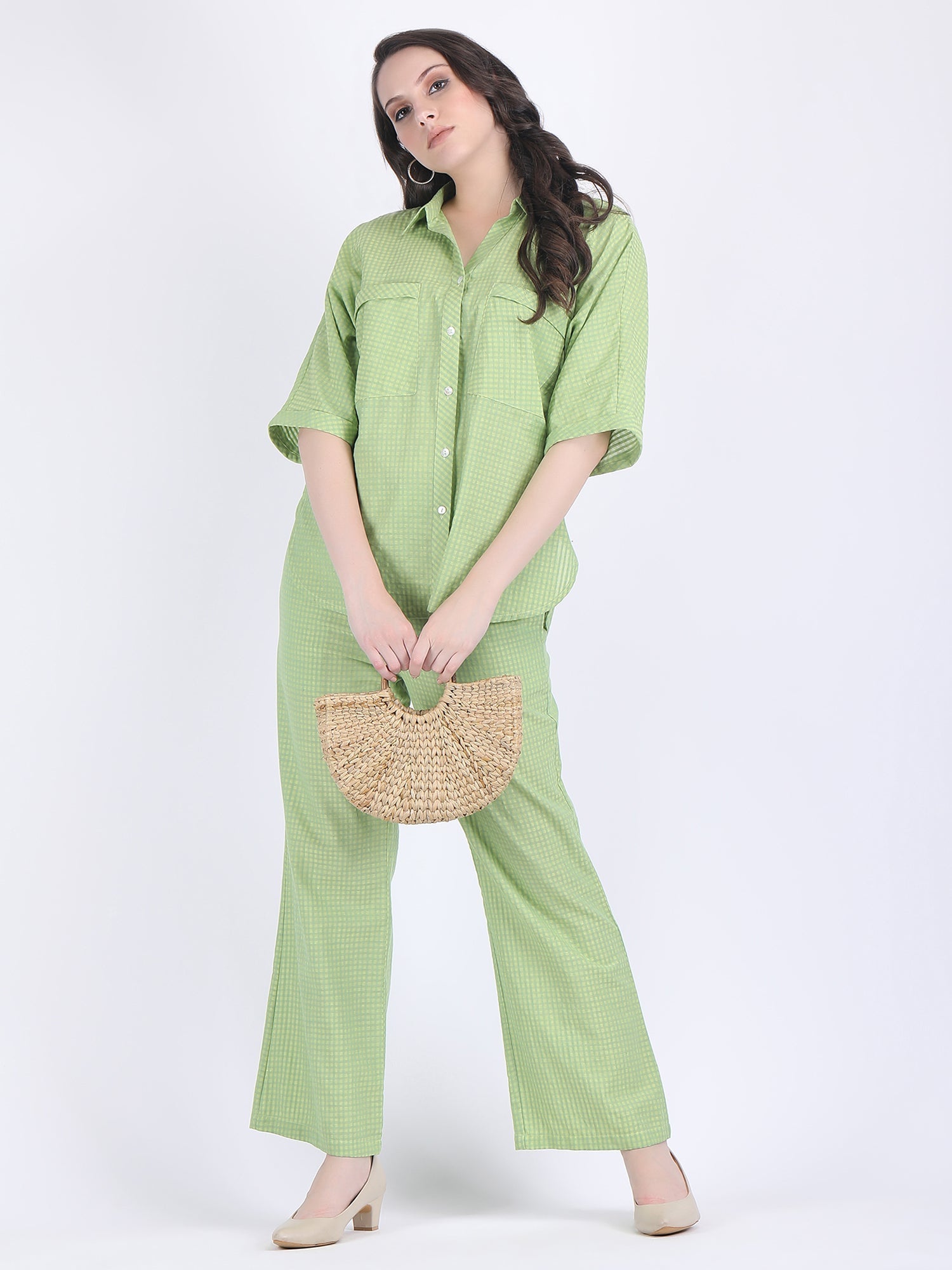 COTTON CHECK COLLARED CHEST POCKETS COORD SET DIVA GREEN