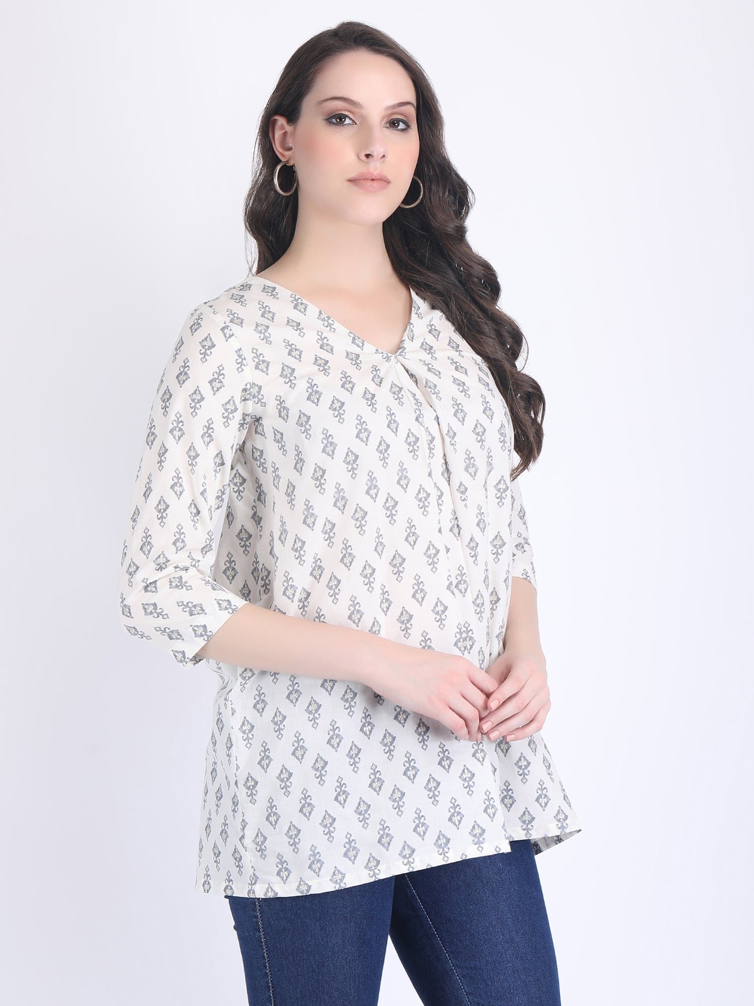 COTTON PRINT A LINE KURTI OFF WHITE GREY