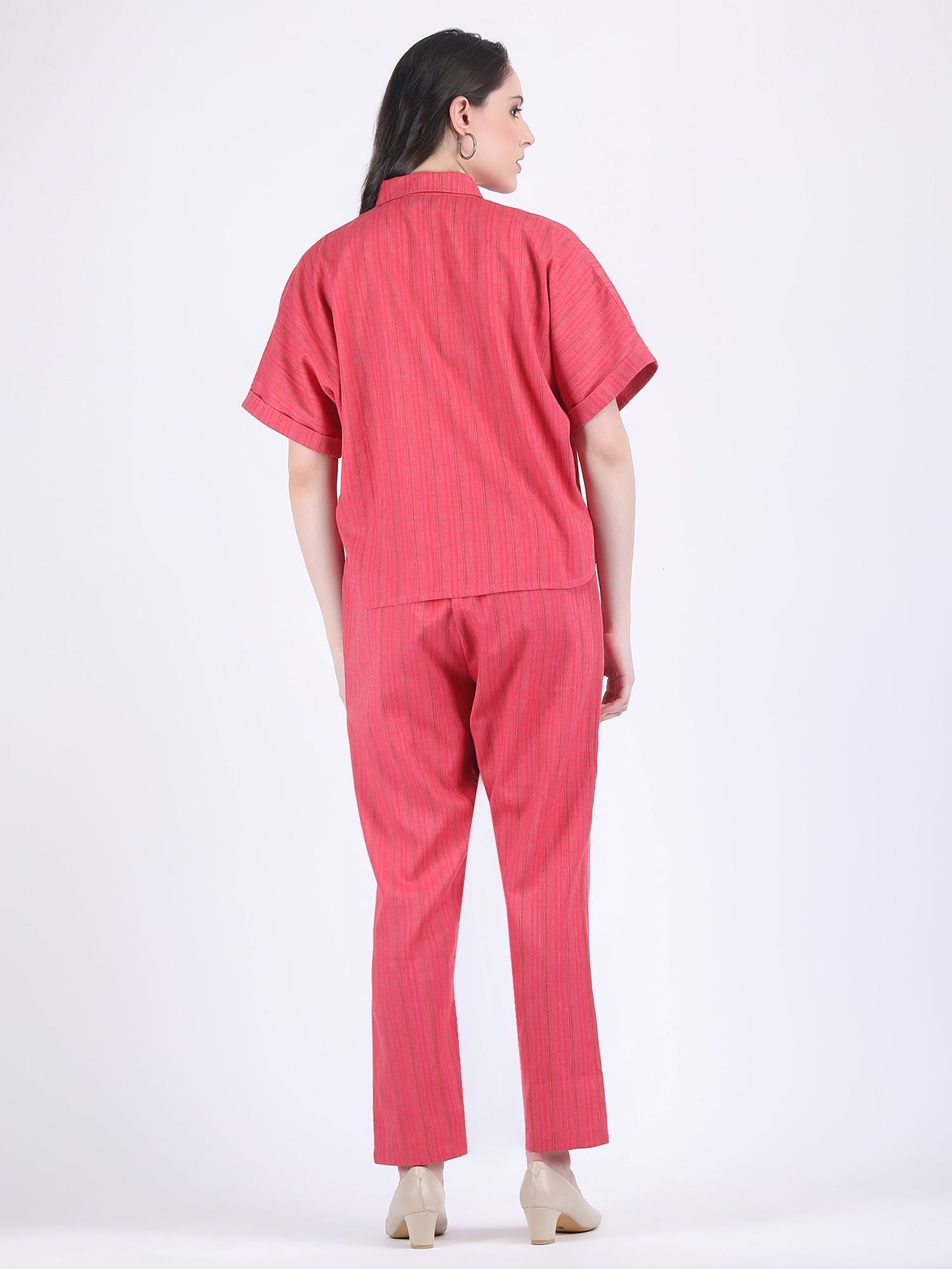 COTTON FLEX SELF STRIPED COORD SET RASPBERRY WINE