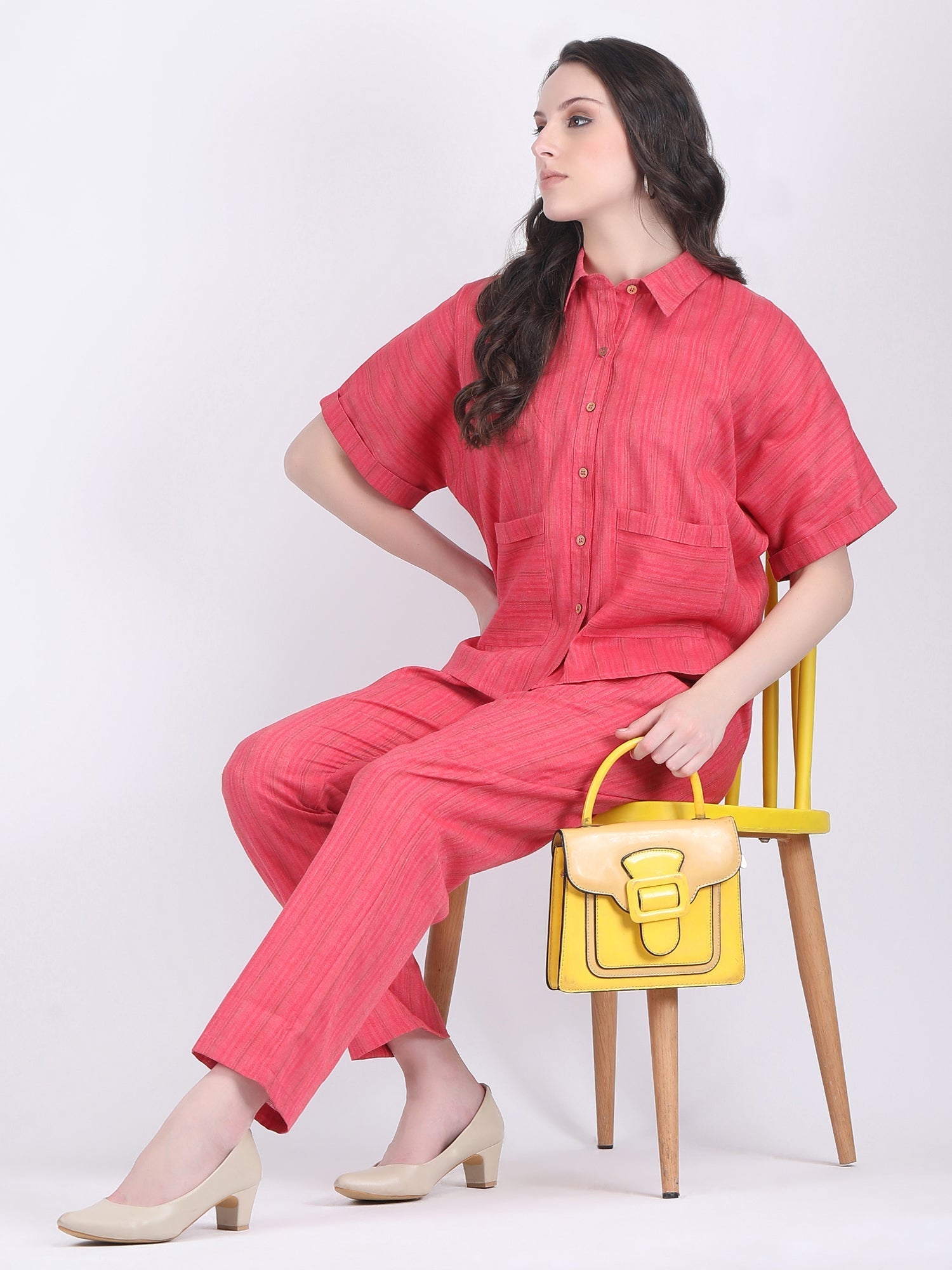 COTTON FLEX SELF STRIPED COORD SET RASPBERRY WINE