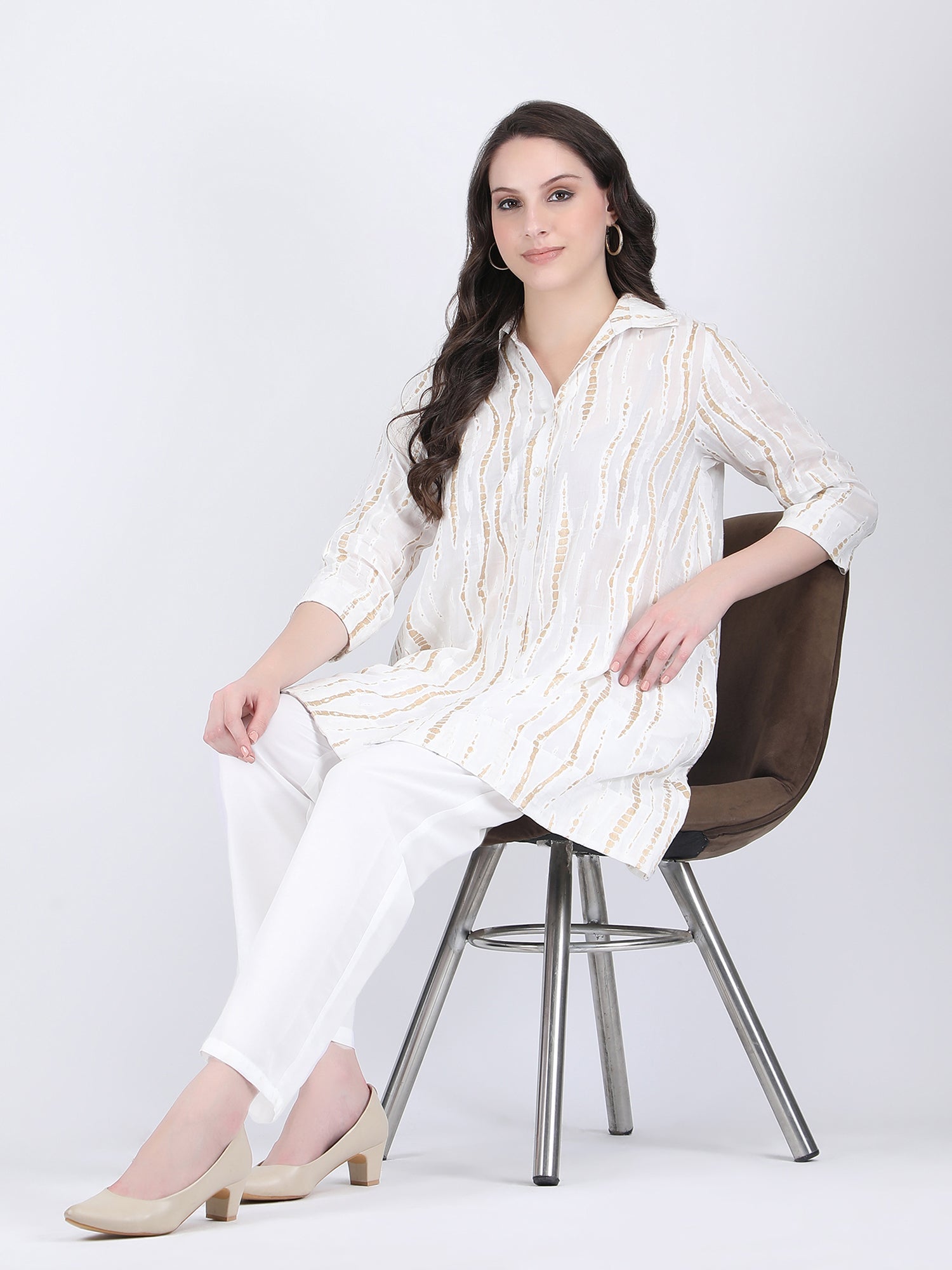 COTTON A LINE TUNIC CUM SHORT DRESS WITH WHITE AND GOLD PATTERN