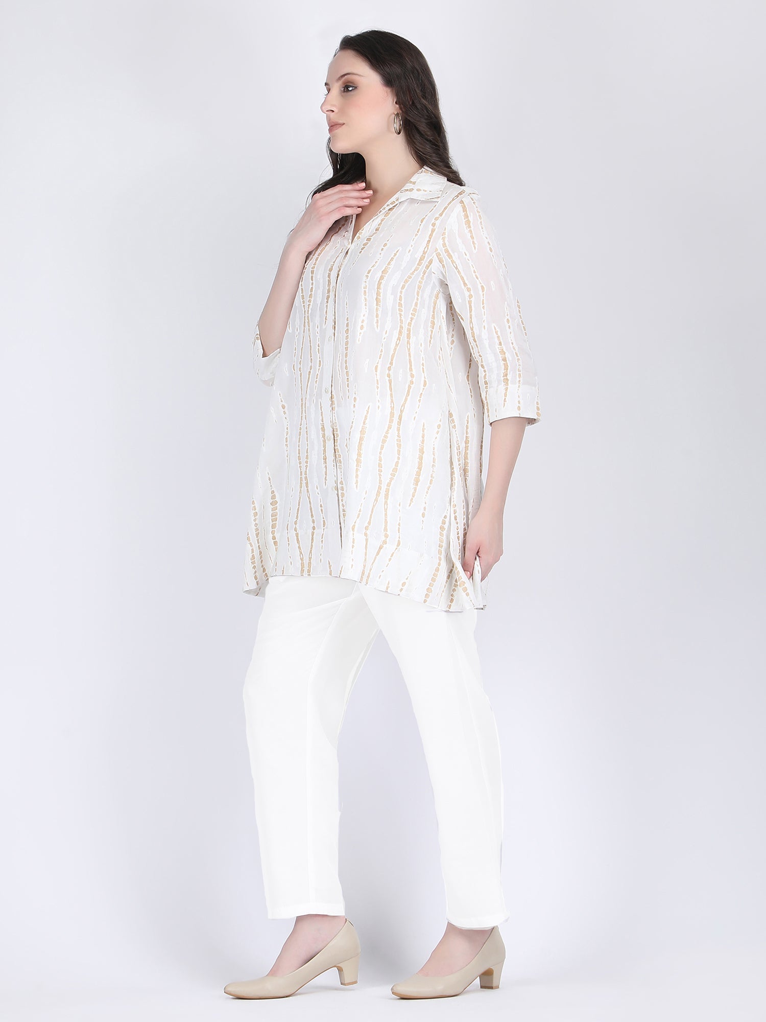 COTTON A LINE TUNIC CUM SHORT DRESS WITH WHITE AND GOLD PATTERN