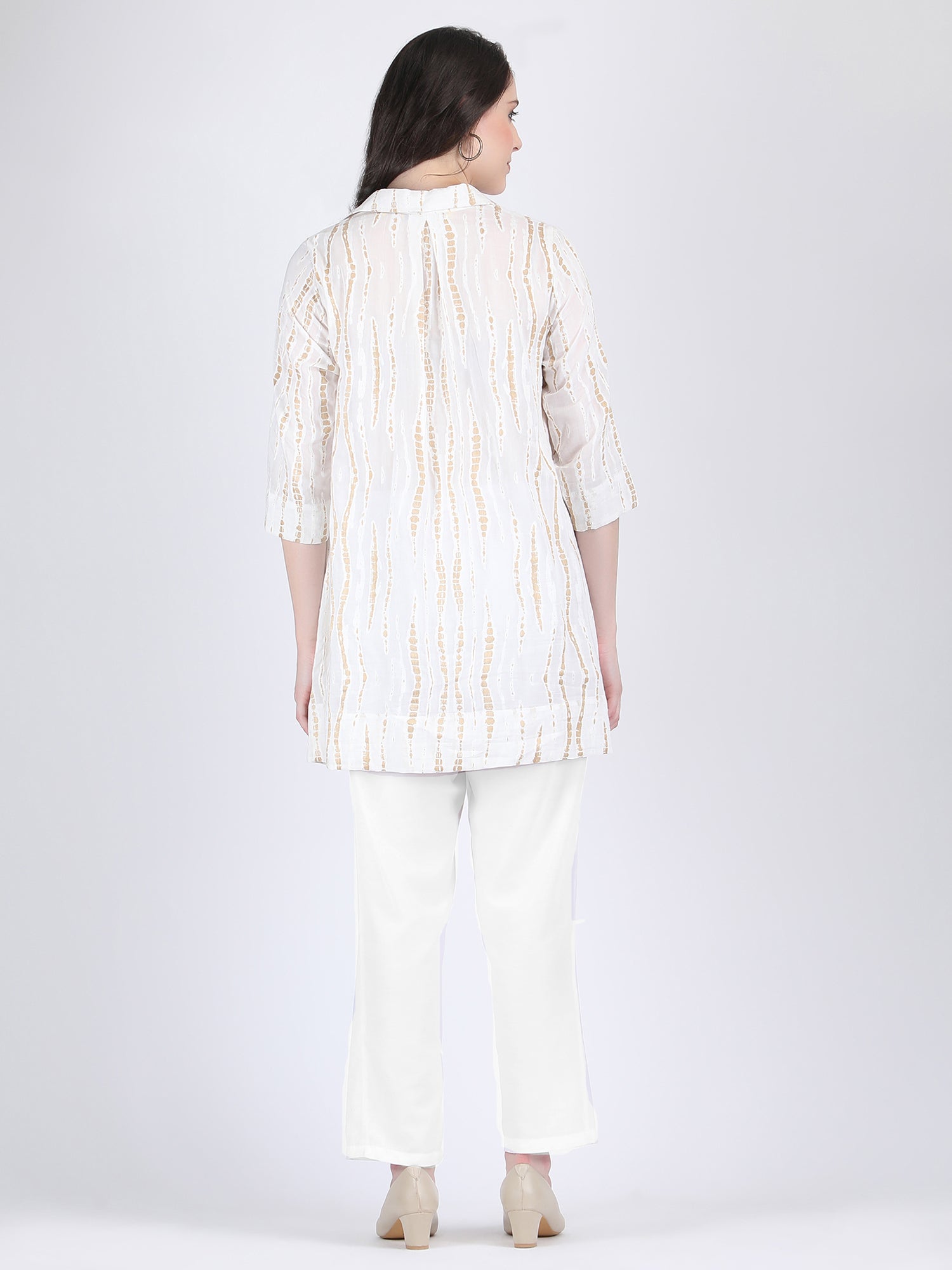 COTTON A LINE TUNIC CUM SHORT DRESS WITH WHITE AND GOLD PATTERN