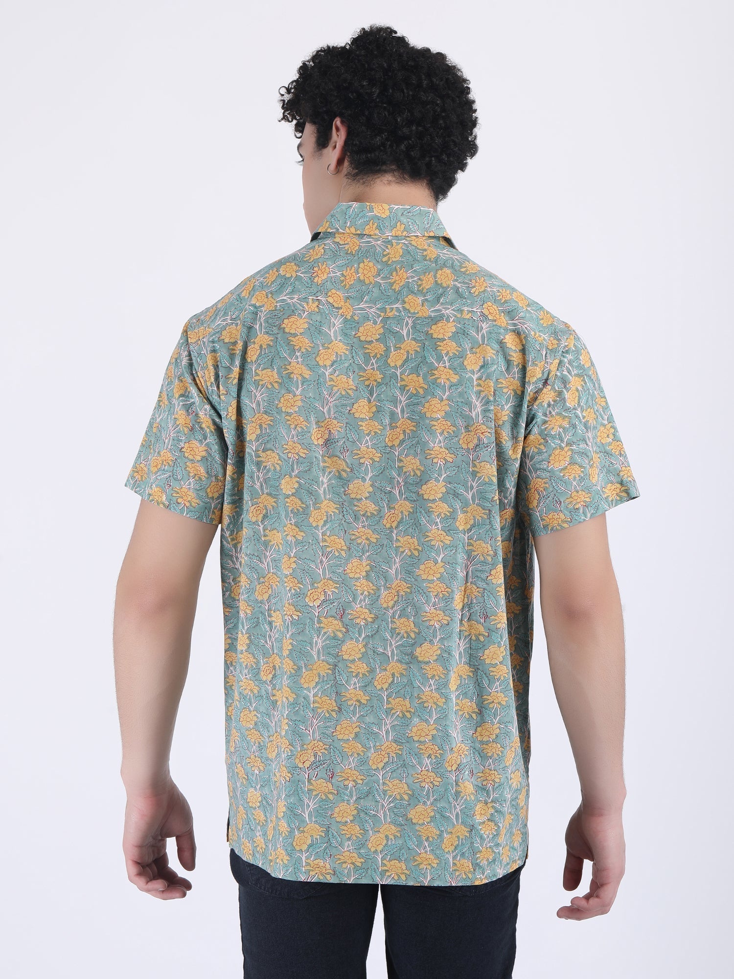 COTTON FLOWER PRINT SUMMER SHIRT IN GREEN YELLOW