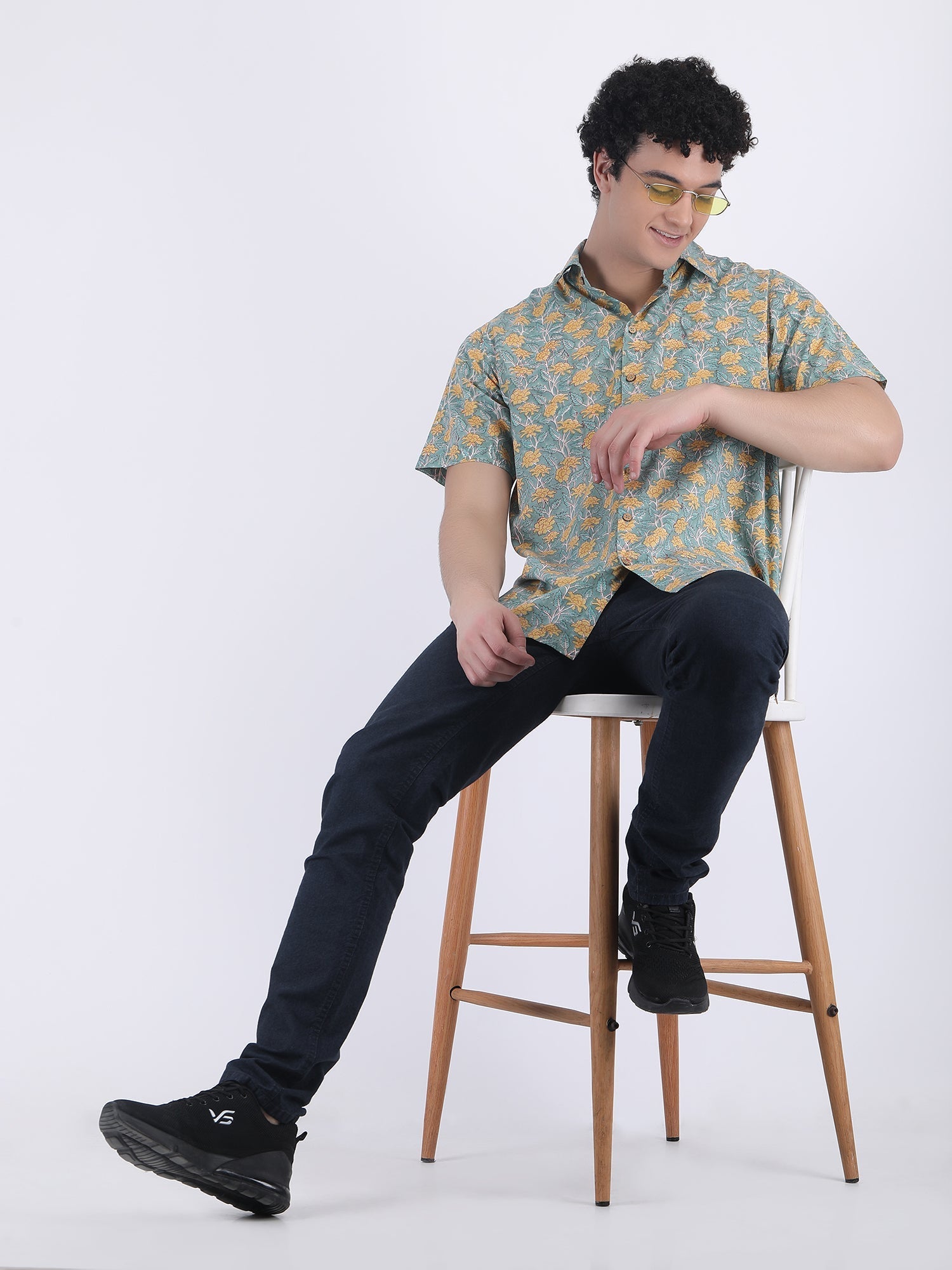 COTTON FLOWER PRINT SUMMER SHIRT IN GREEN YELLOW