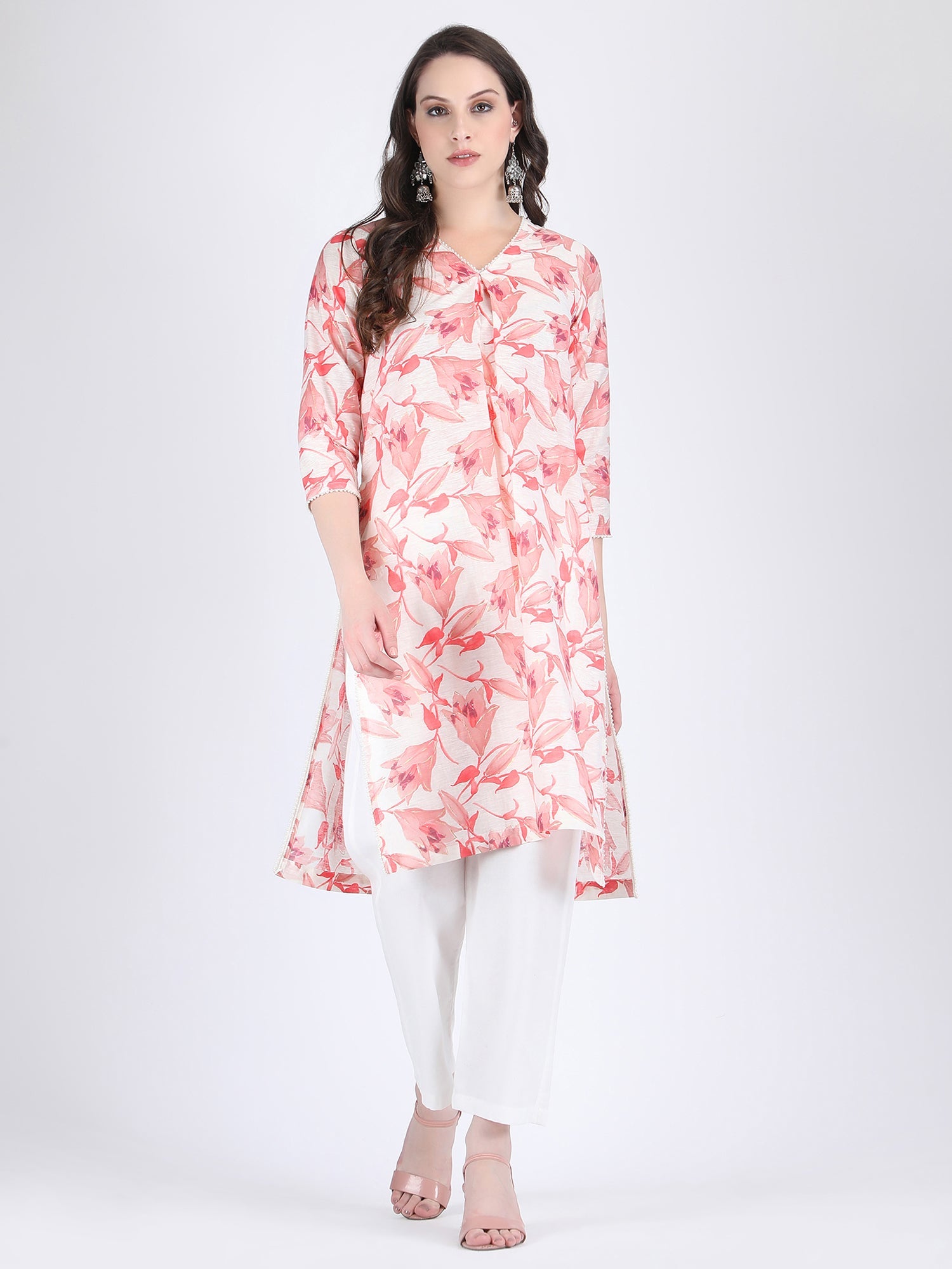 COTTON CHANDERI COMFORT WEAR KURTA SET WITH PEARL LACE TULIP PINK