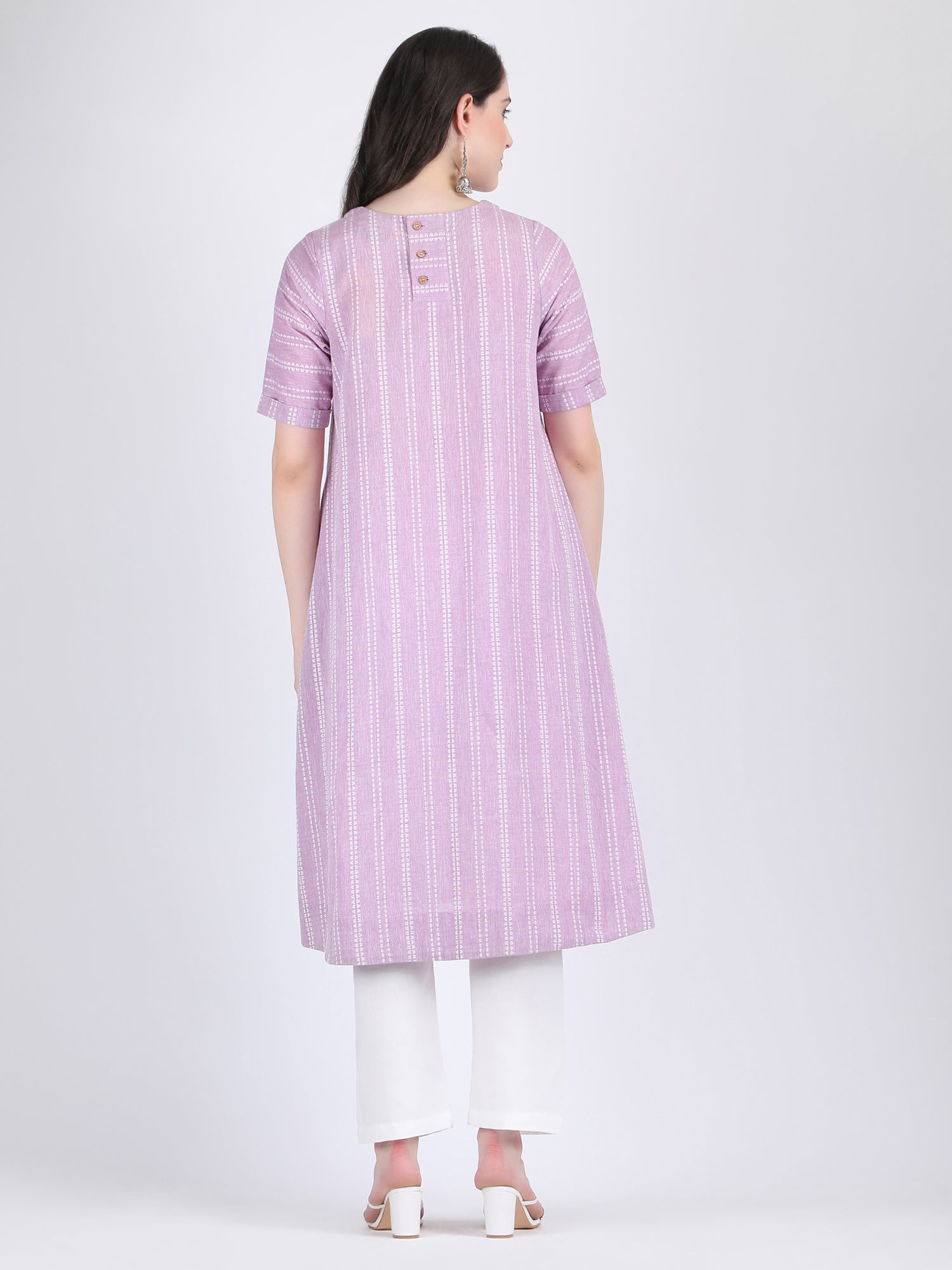COTTON SELF STRIPED A LINE KURTA SET LILAC