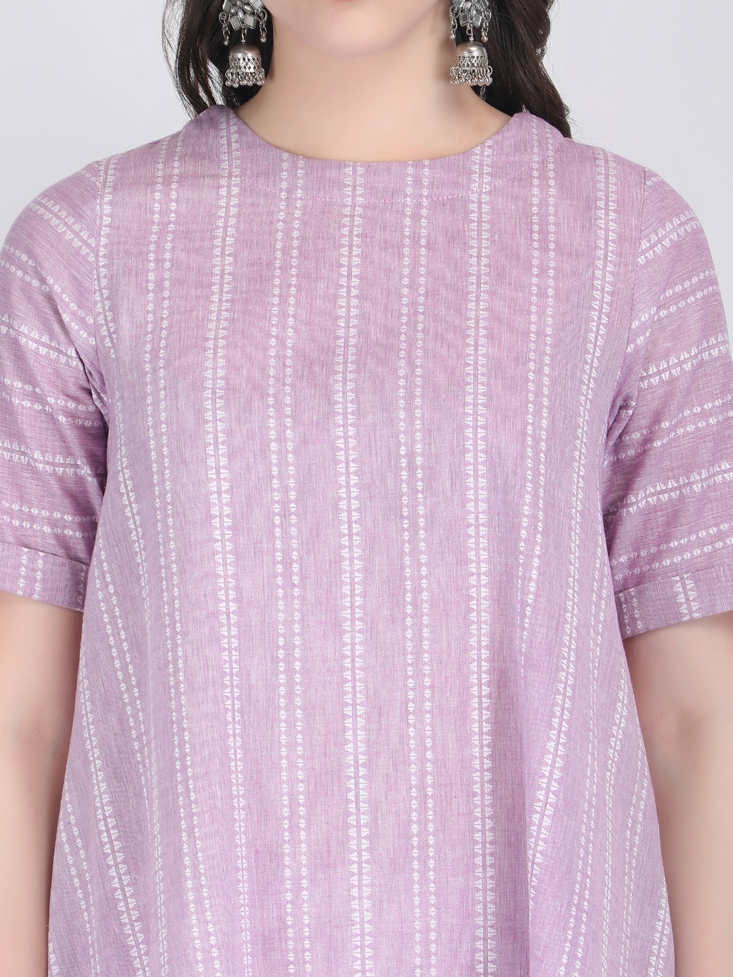COTTON SELF STRIPED A LINE KURTA SET LILAC