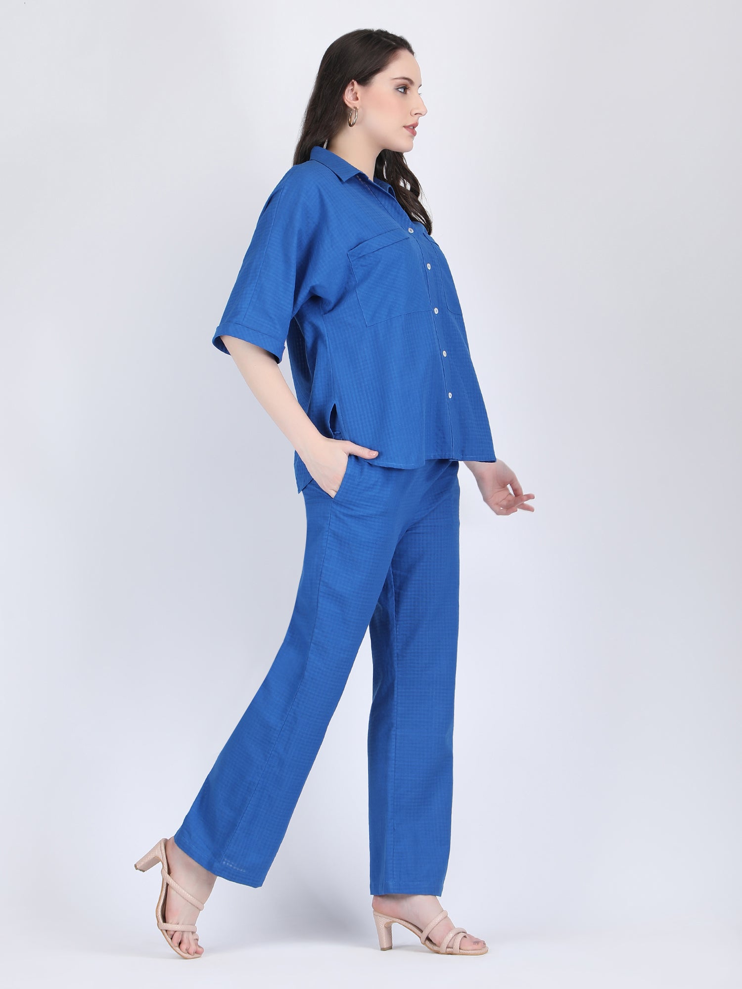 COTTON CHECK COLLARED CHEST POCKETS COORD SET DIVA BLUE
