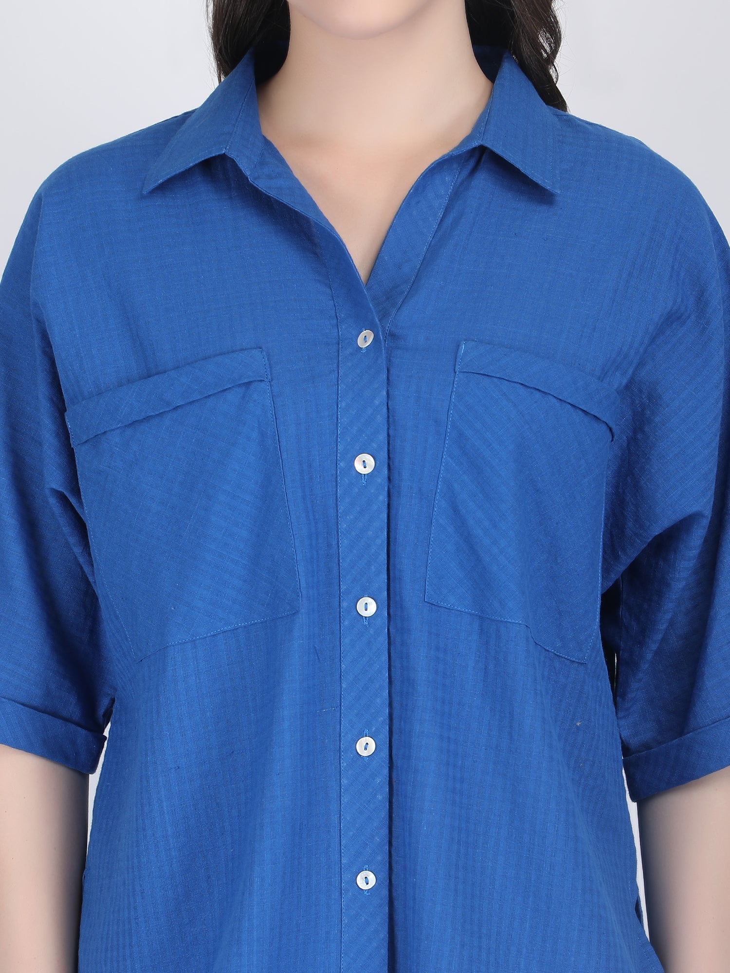 COTTON CHECK COLLARED CHEST POCKETS COORD SET DIVA BLUE