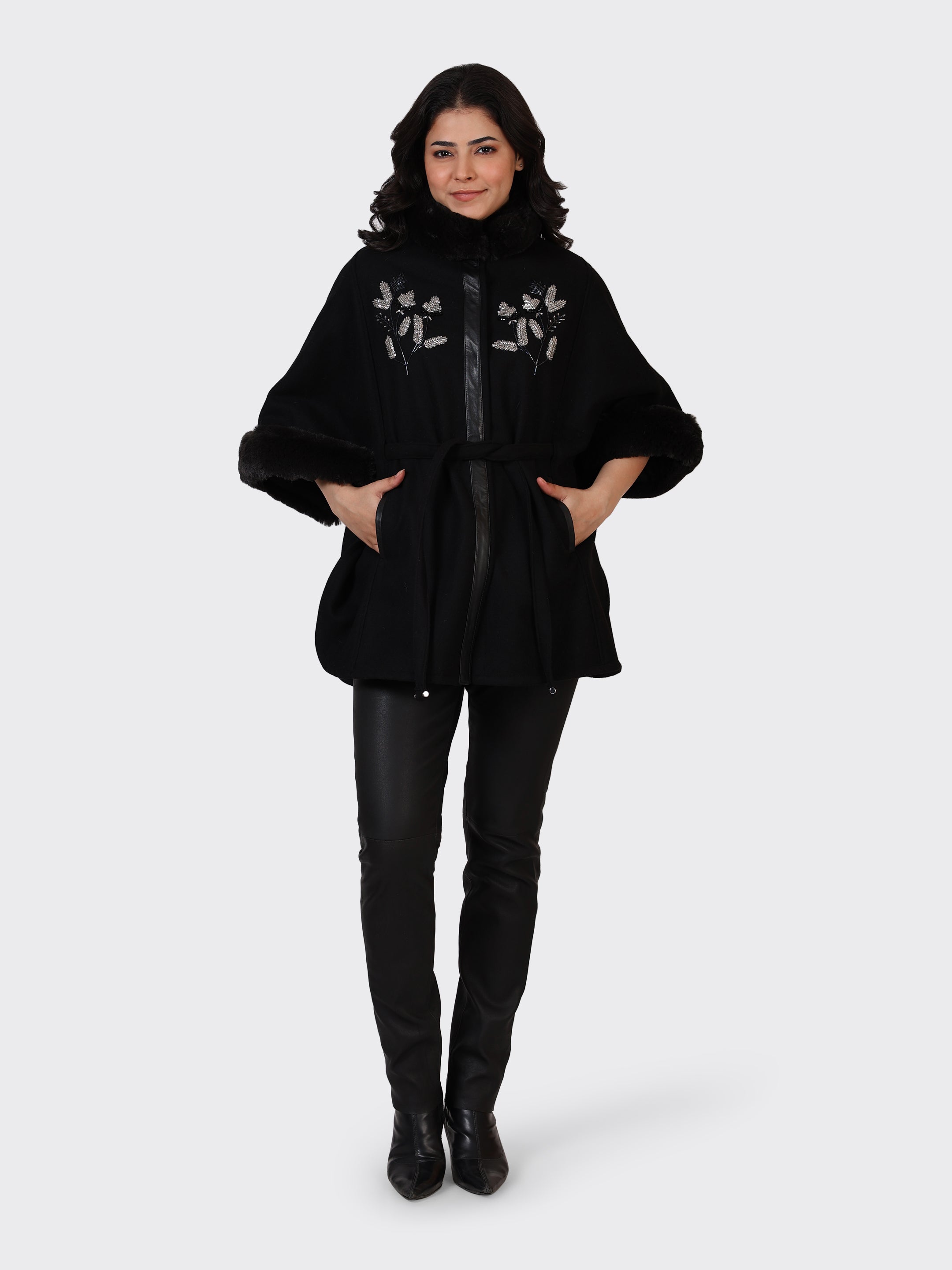 LADIES CAPE WOOLLEN JACKET-EMB BLACK