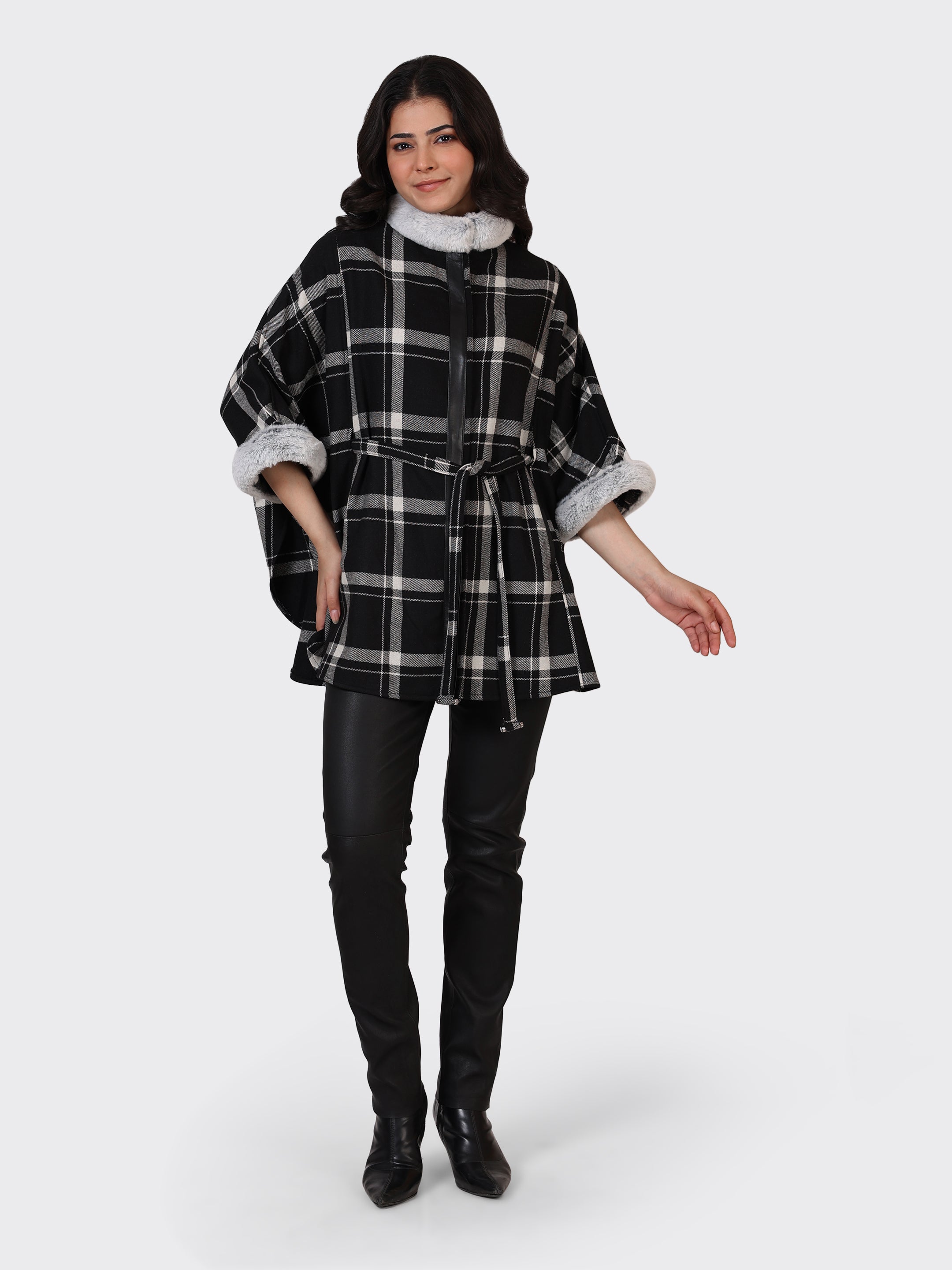 LADIES CAPE WOOLLEN JACKET-CHECK