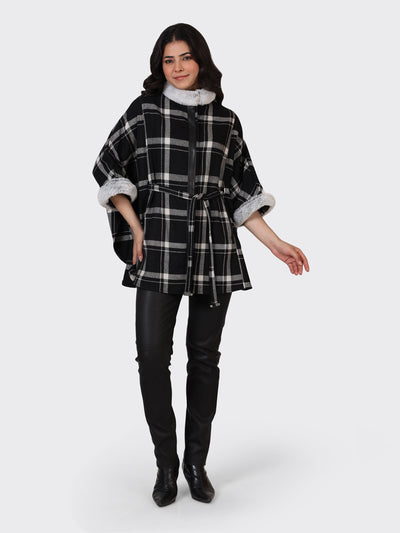 LADIES CAPE WOOLLEN JACKET-CHECK