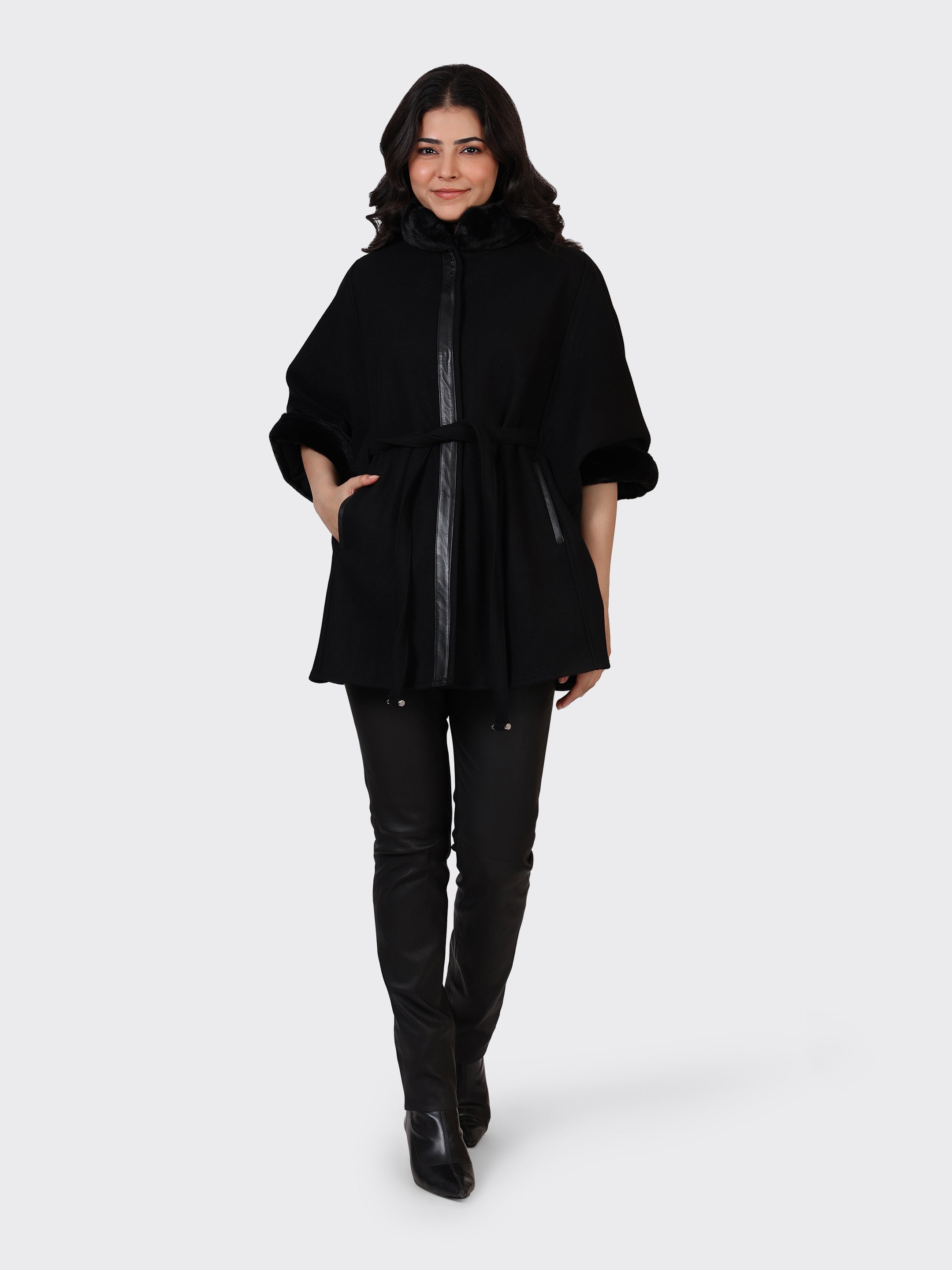 LADIES CAPE WOOLLEN JACKET-BLACK